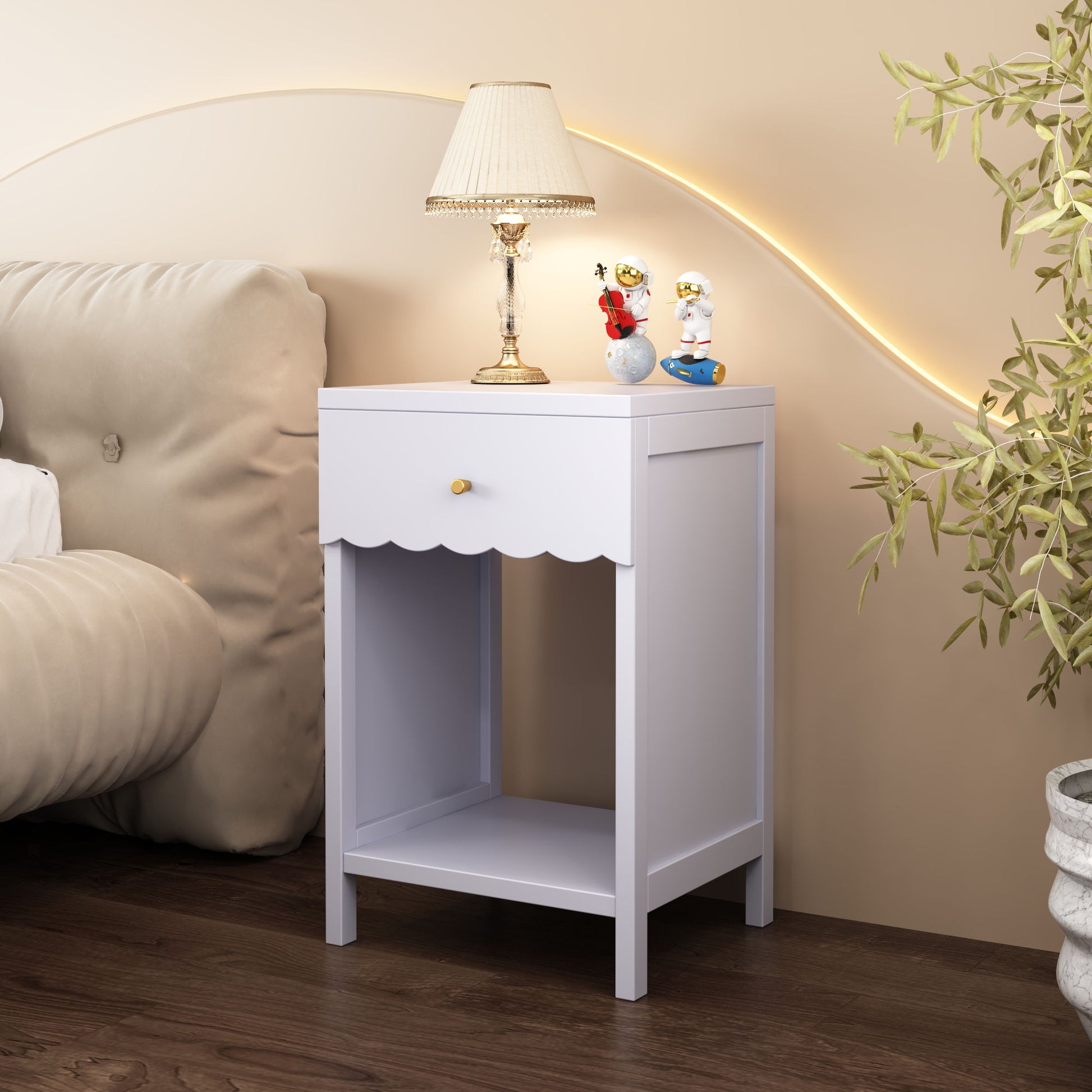 Nightstand With Drawer And Open Shelf, Scalloped Edge Bedside Table - The Sleep Loft - Online Mattress Showroom NYC