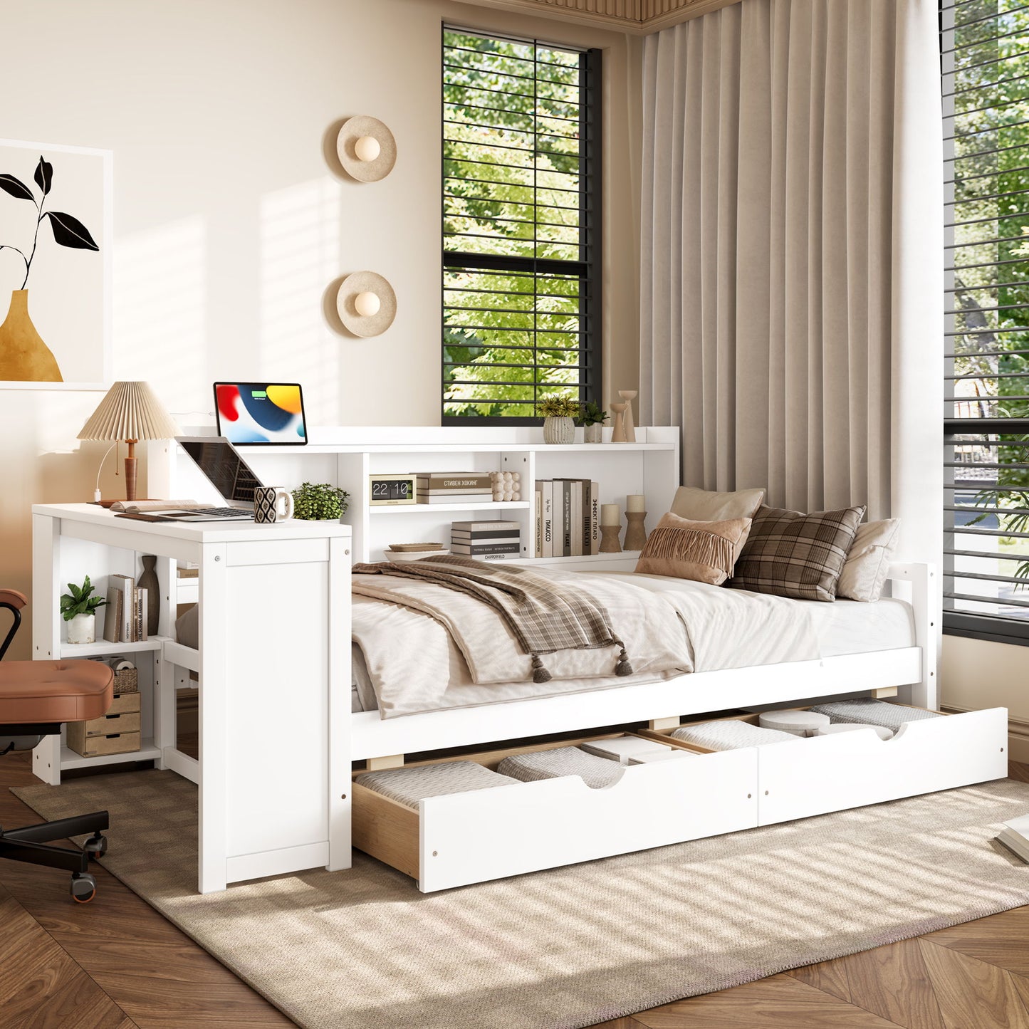 Corner Daybed With Storage Drawers, Desk, Charging Port & Bookcase - The Sleep Loft - Online Mattress Showroom NYC