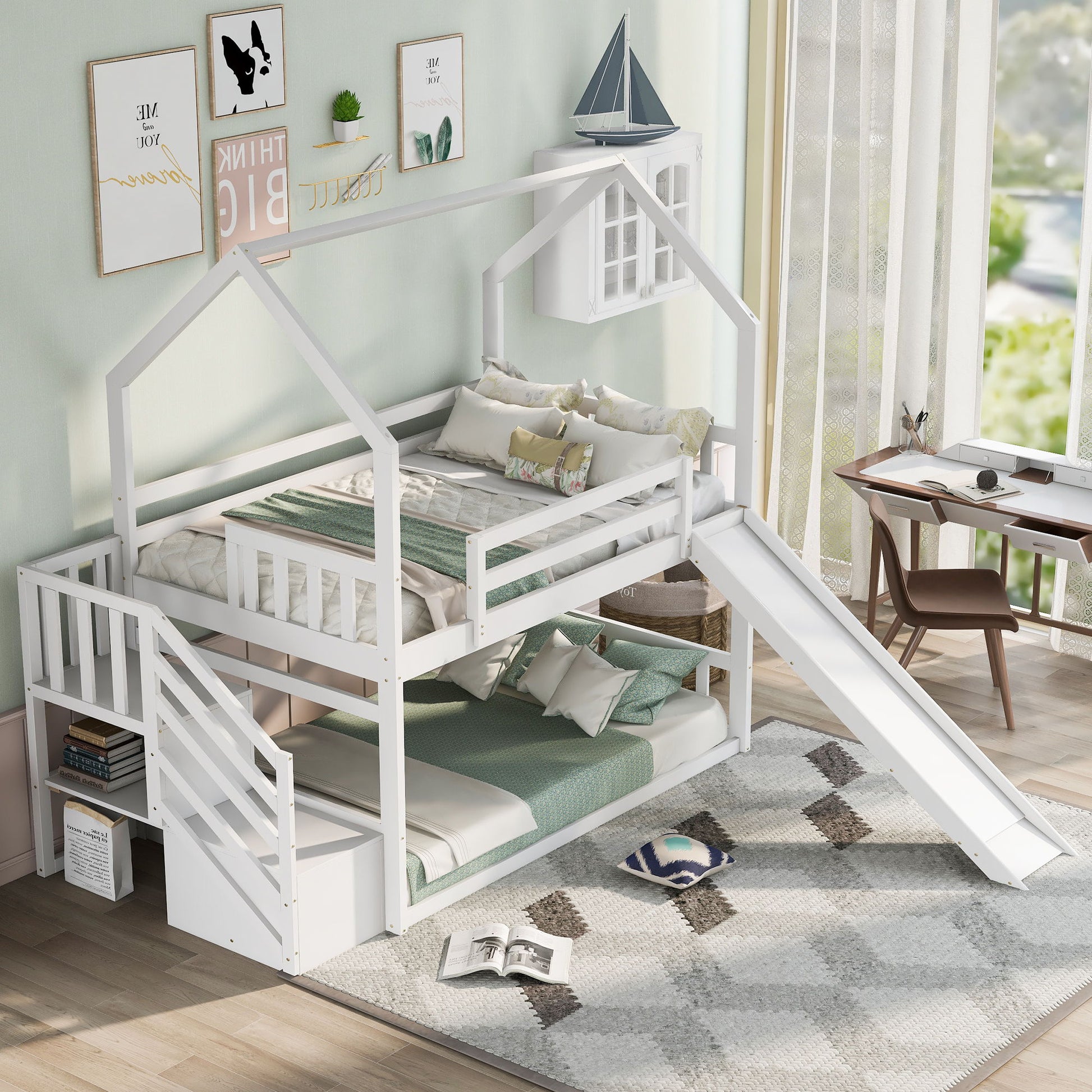 Twin Over Twin House Bunk Bed With Convertible Slide, Storage Staircase - The Sleep Loft - Online Mattress Showroom NYC