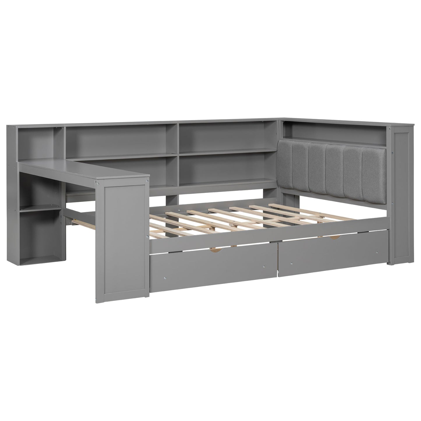 Platform Bed With Upholstered Headboard, Storage Shelves, Drawers, Charging Station, LED Lighting, Built In Desk - The Sleep Loft - Online Mattress Showroom NYC