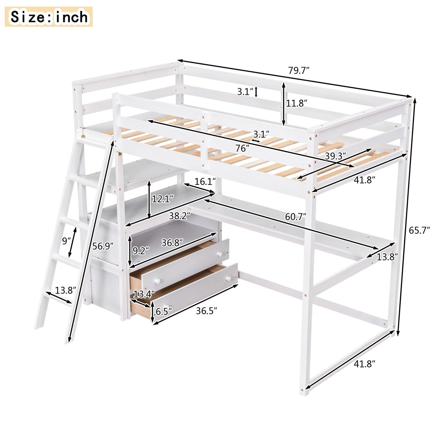 Modern Loft Bed With Built In Desk, Shelves, And 2 Drawers - The Sleep Loft - Online Mattress Showroom NYC