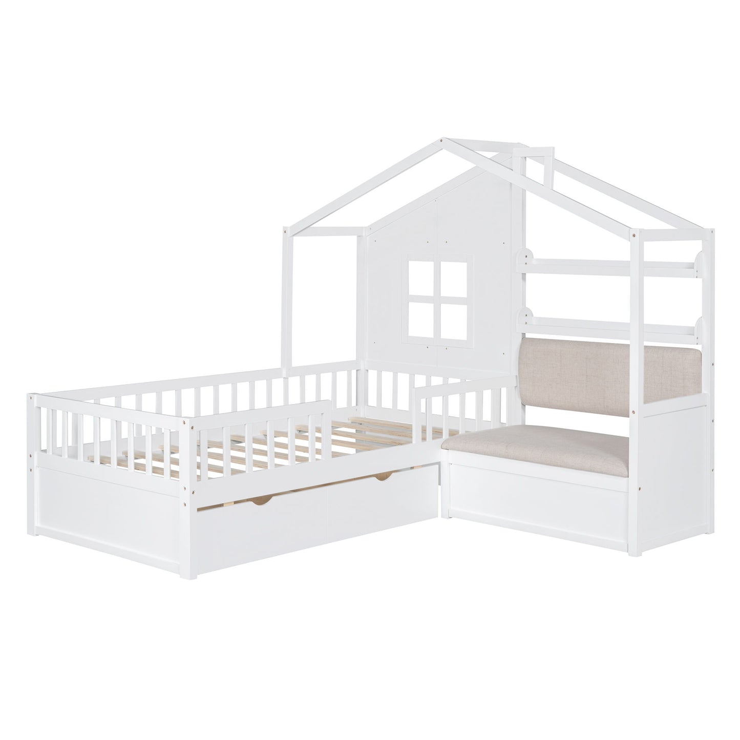House Bed With Sofa, Kids Platform Bed With 2 Drawers And Storage Shelf - The Sleep Loft - Online Mattress Showroom NYC