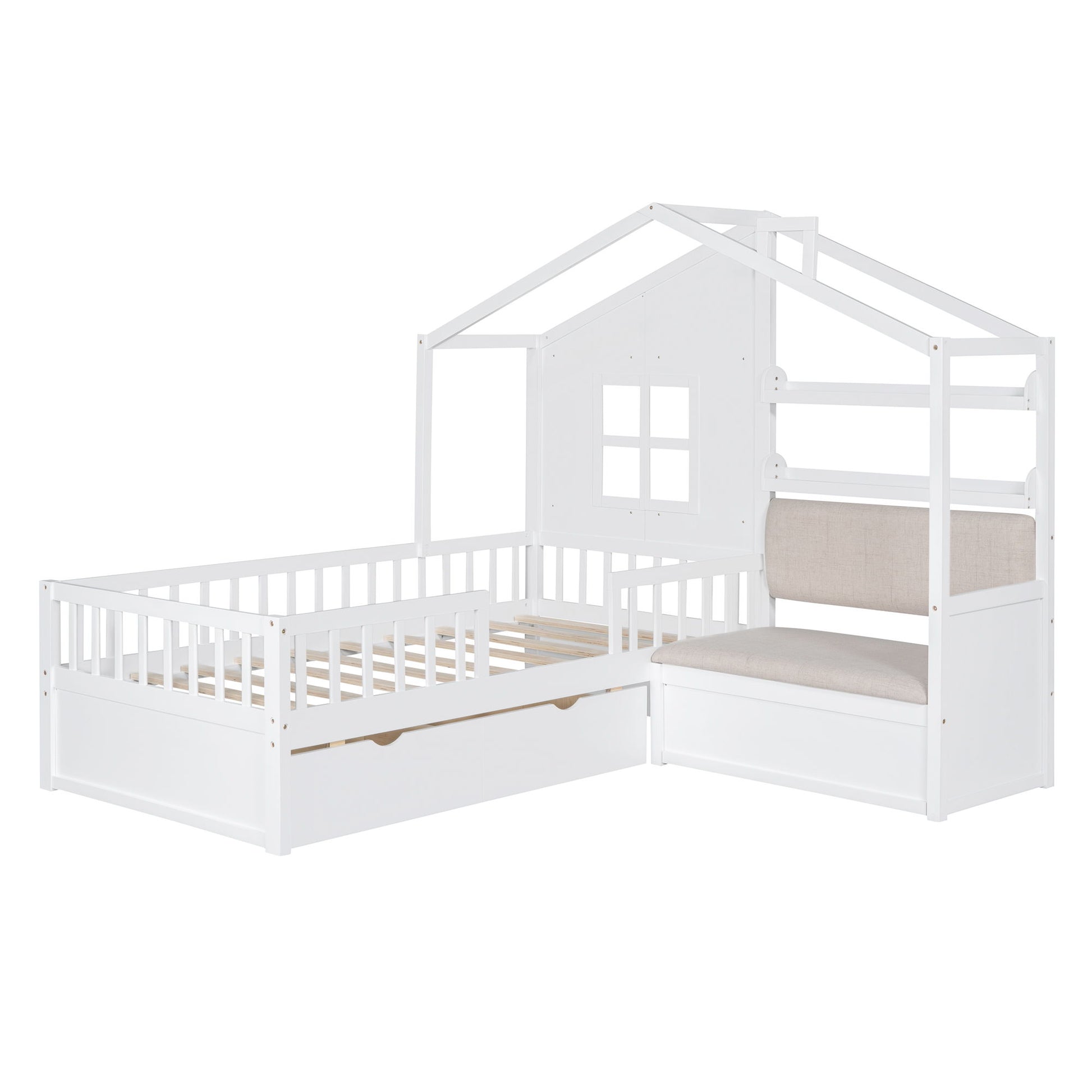 House Bed With Sofa, Kids Platform Bed With 2 Drawers And Storage Shelf - The Sleep Loft - Online Mattress Showroom NYC