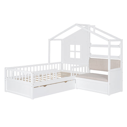 House Bed With Sofa, Kids Platform Bed With 2 Drawers And Storage Shelf - The Sleep Loft - Online Mattress Showroom NYC