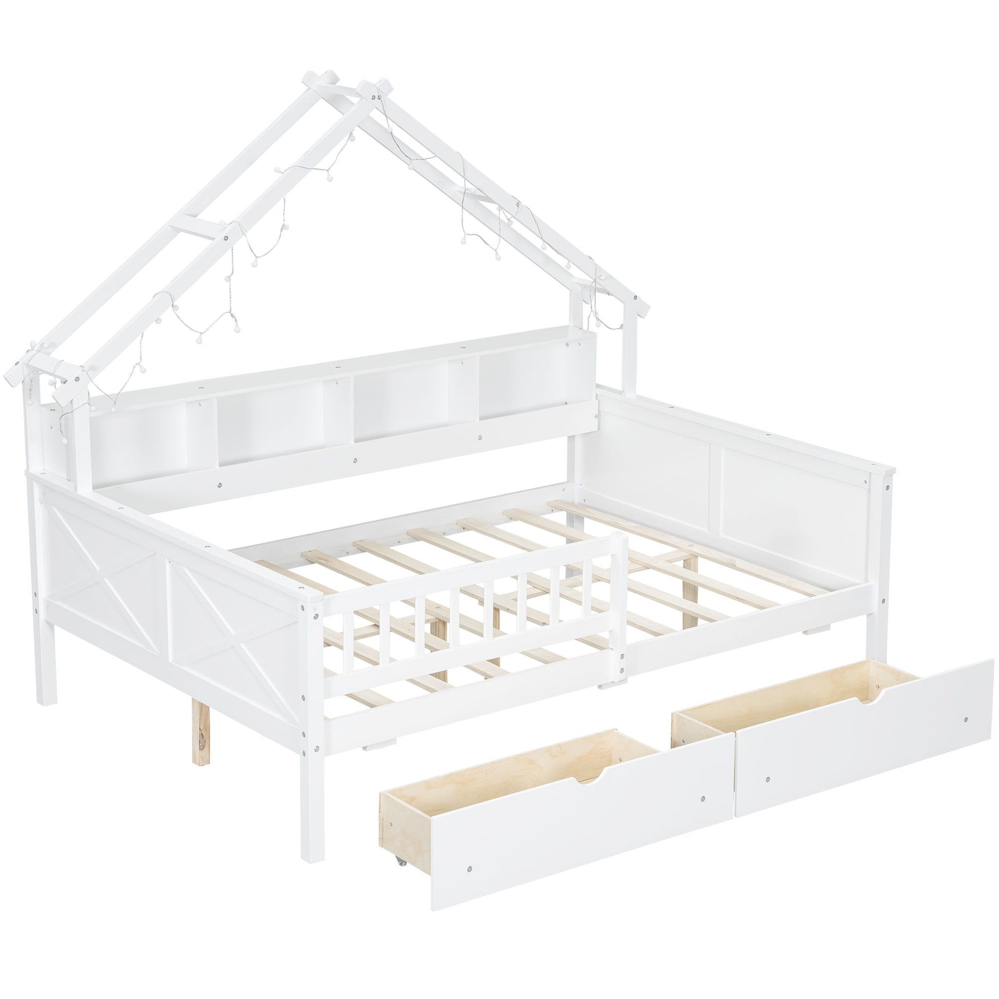 House Style Platform Bed With LED Lights, Storage Shelves, Drawers, And Guardrail - The Sleep Loft - Online Mattress Showroom NYC