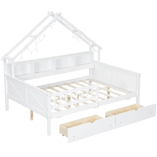 House Style Platform Bed With LED Lights, Storage Shelves, Drawers, And Guardrail - The Sleep Loft - Online Mattress Showroom NYC