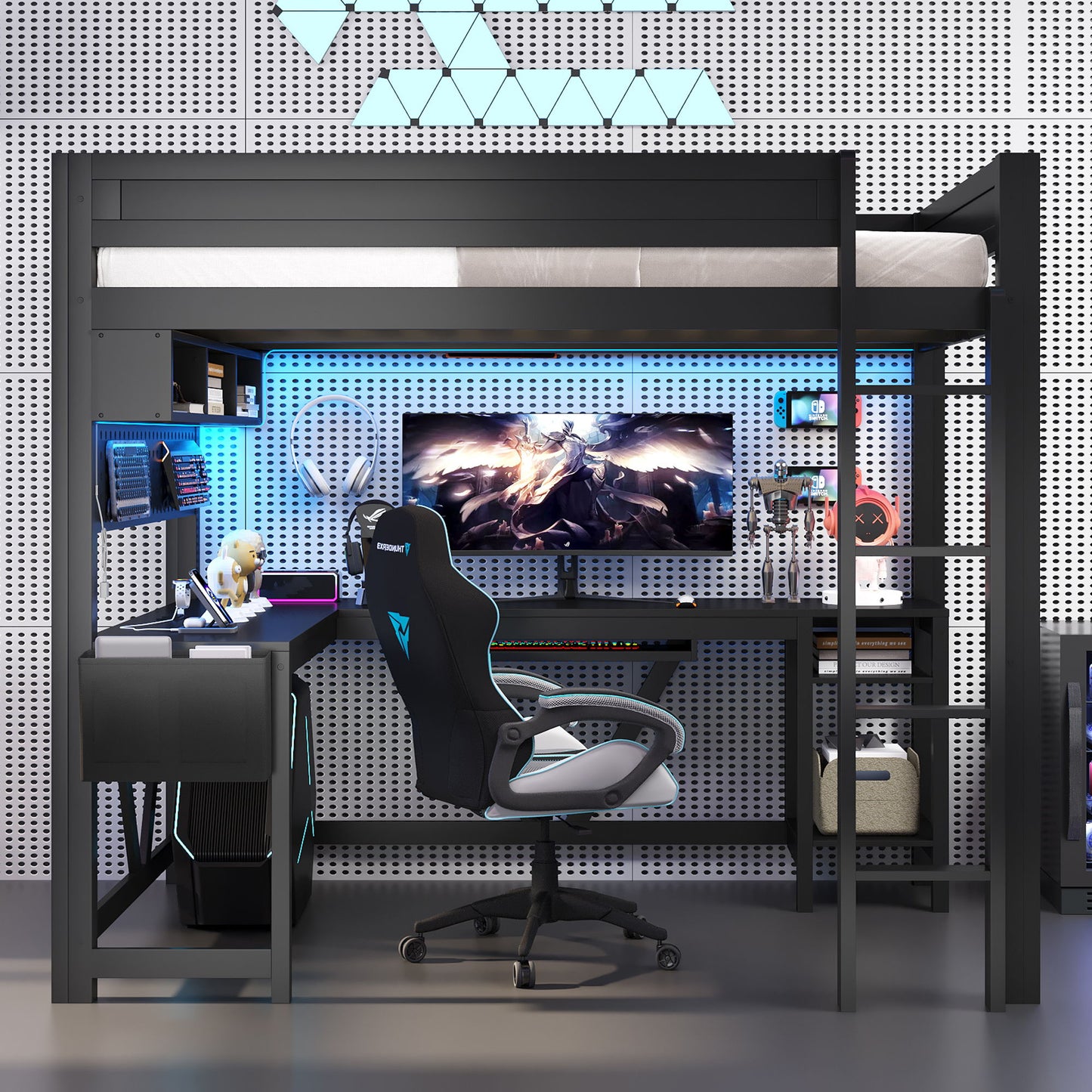 Gaming Loft Bed With Desk, Storage Shelves, LED And Charging Station - The Sleep Loft - Online Mattress Showroom NYC