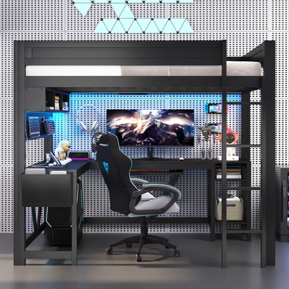 Gaming Loft Bed With Desk, Storage Shelves, LED And Charging Station - The Sleep Loft - Online Mattress Showroom NYC