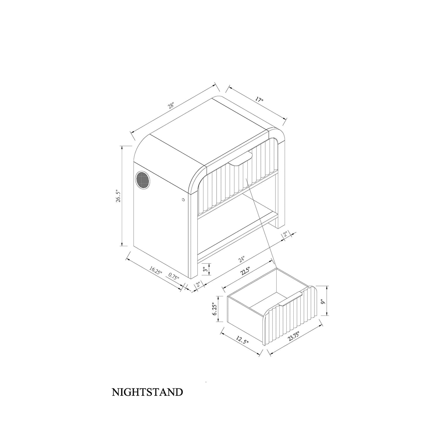 Beverly - Nightstand With Speakers, Rounded Sides - Black White - The Sleep Loft - Online Mattress Showroom NYC