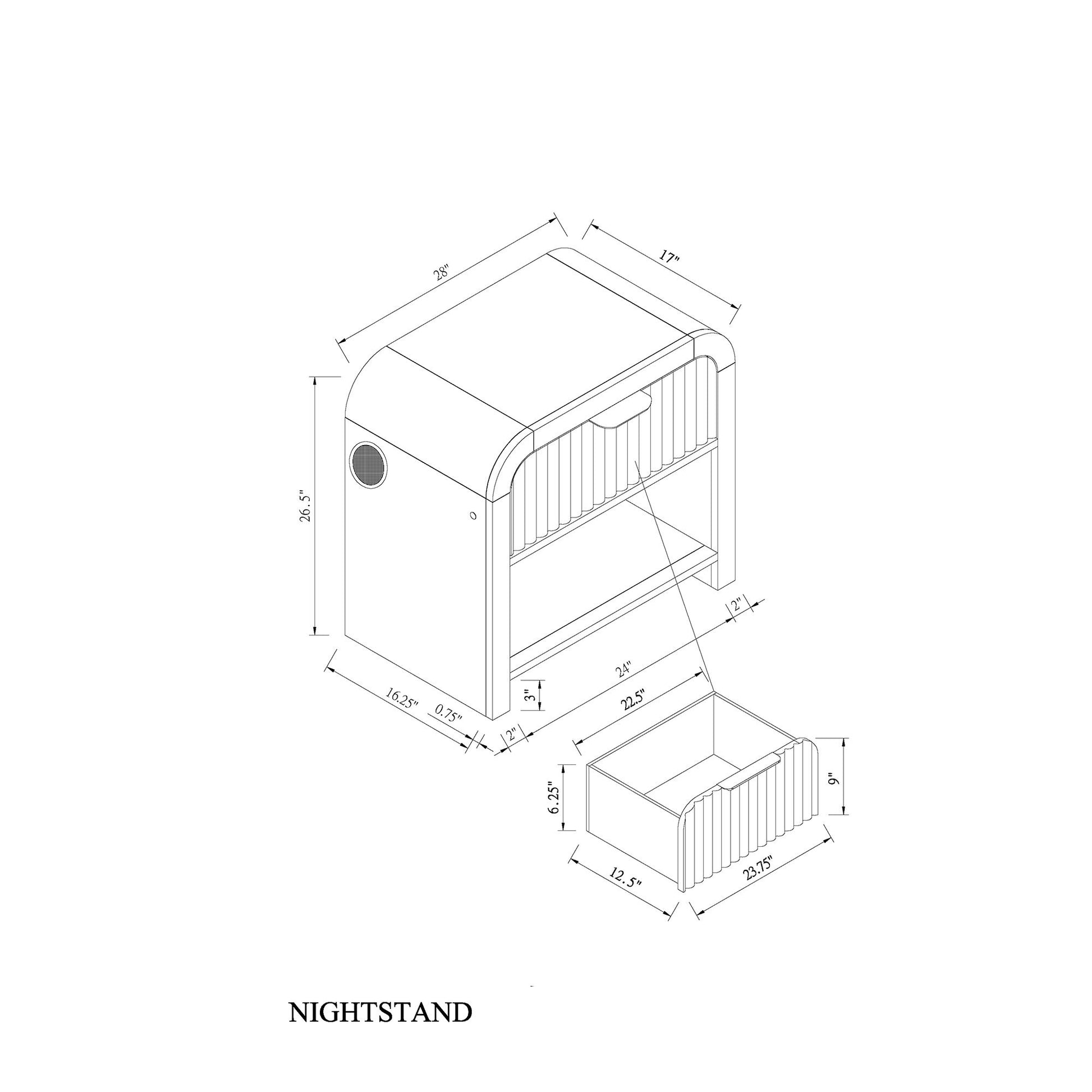 Beverly - Nightstand With Speakers, Rounded Sides - Black White - The Sleep Loft - Online Mattress Showroom NYC