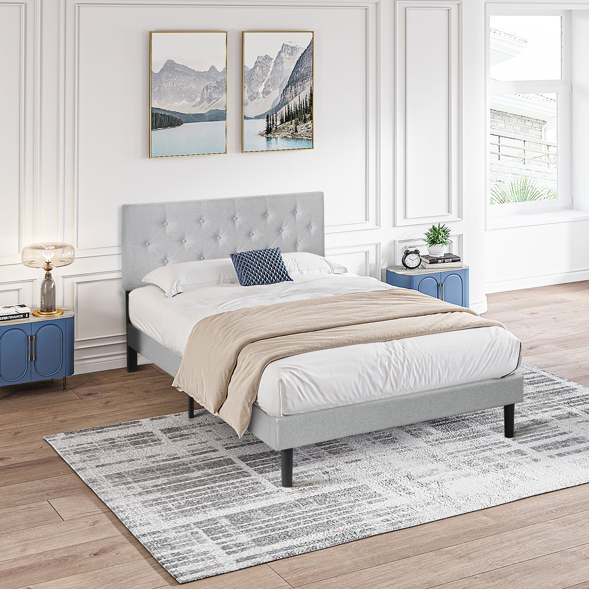 Modern Upholstered Platform Bed Frame With Button Tufted Fabric Headboard - The Sleep Loft - Online Mattress Showroom NYC