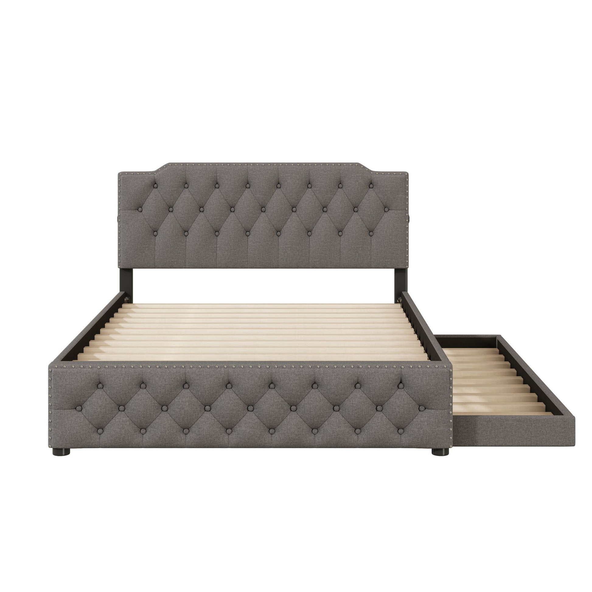 Upholstered Platform Bed With Trundle And 2 Sets Of USB Ports On Each Side, Linen Fabric - The Sleep Loft - Online Mattress Showroom NYC