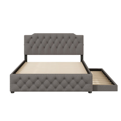 Upholstered Platform Bed With Trundle And 2 Sets Of USB Ports On Each Side, Linen Fabric - The Sleep Loft - Online Mattress Showroom NYC