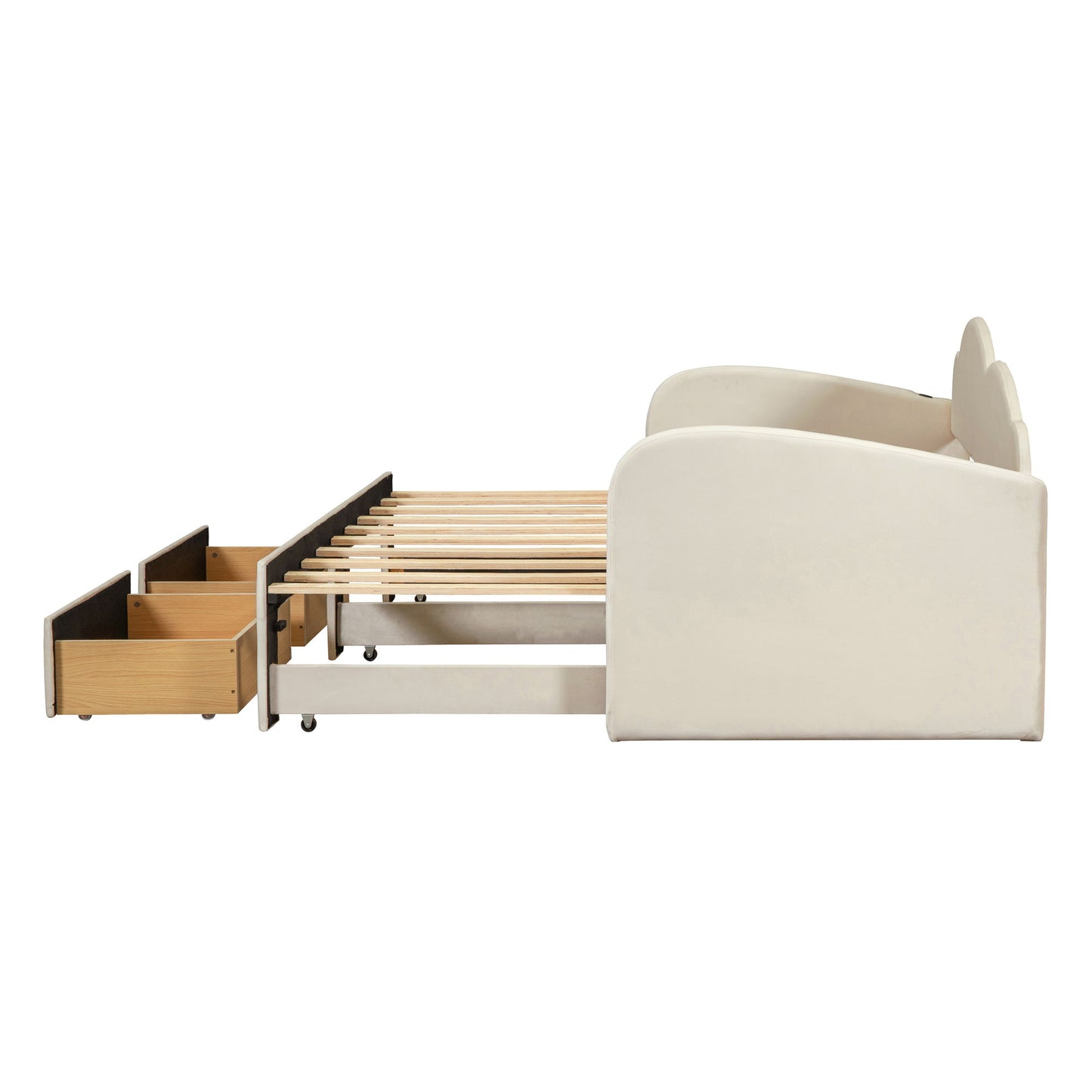 Upholstered Daybed With Cloud-Shaped Backrest, Trundle & 2 Drawers And USB Ports - The Sleep Loft - Online Mattress Showroom NYC