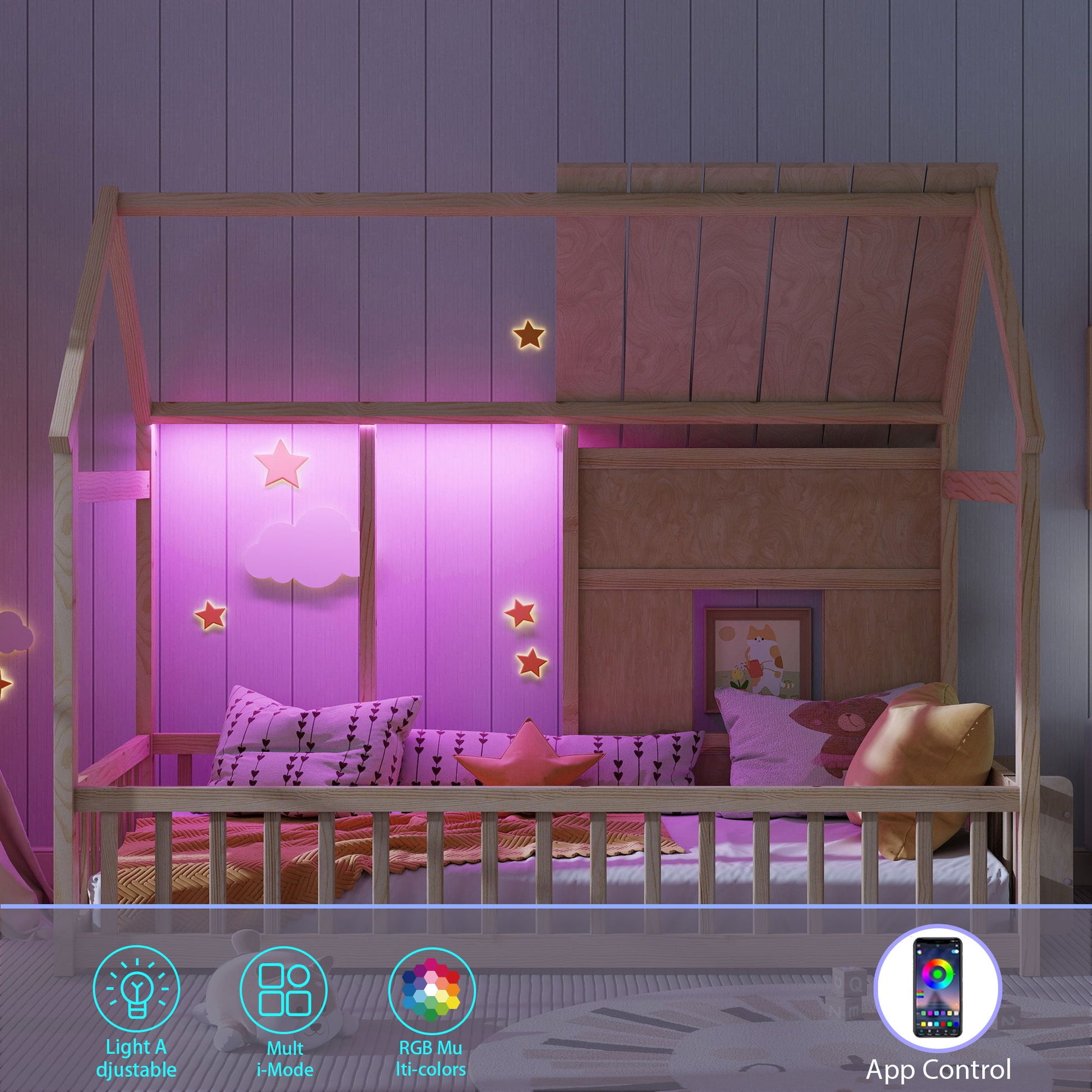 House Floor Bed With 7 Color LED Light, Built In Bookshelf - The Sleep Loft - Online Mattress Showroom NYC