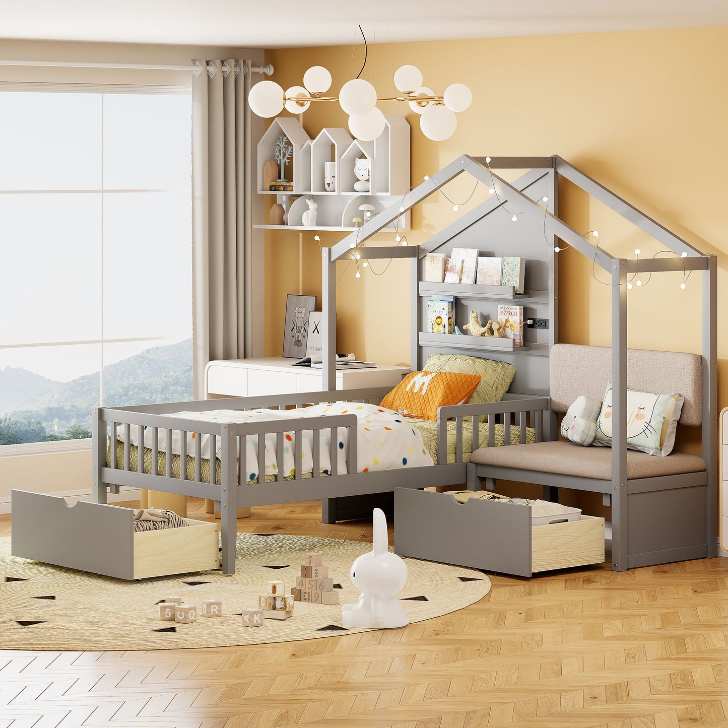 House Bed With Upholstered Sofa, Wireless Charging Station, Shelves And 2 Drawers - The Sleep Loft - Online Mattress Showroom NYC
