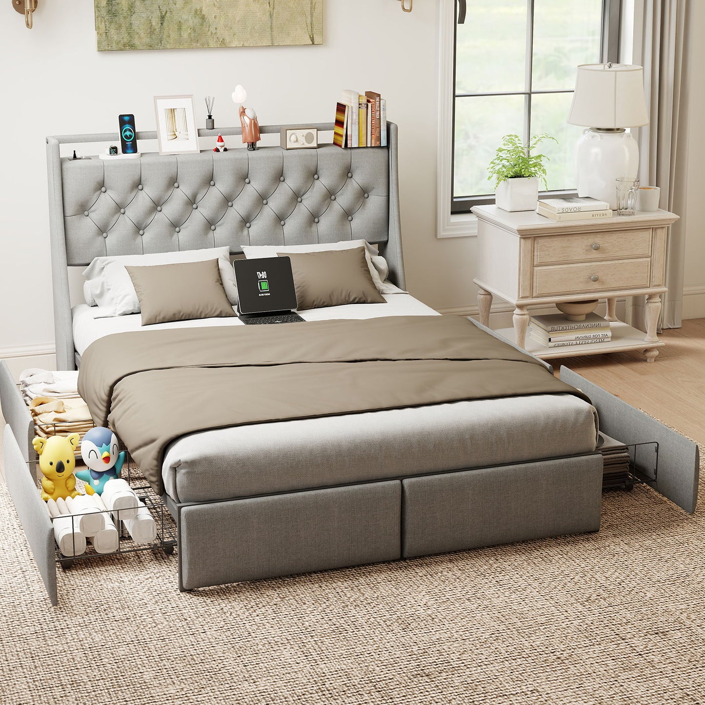 Queen Platform Bed Frame With RGB LED & Charging Station, Storage Headboard - Gray