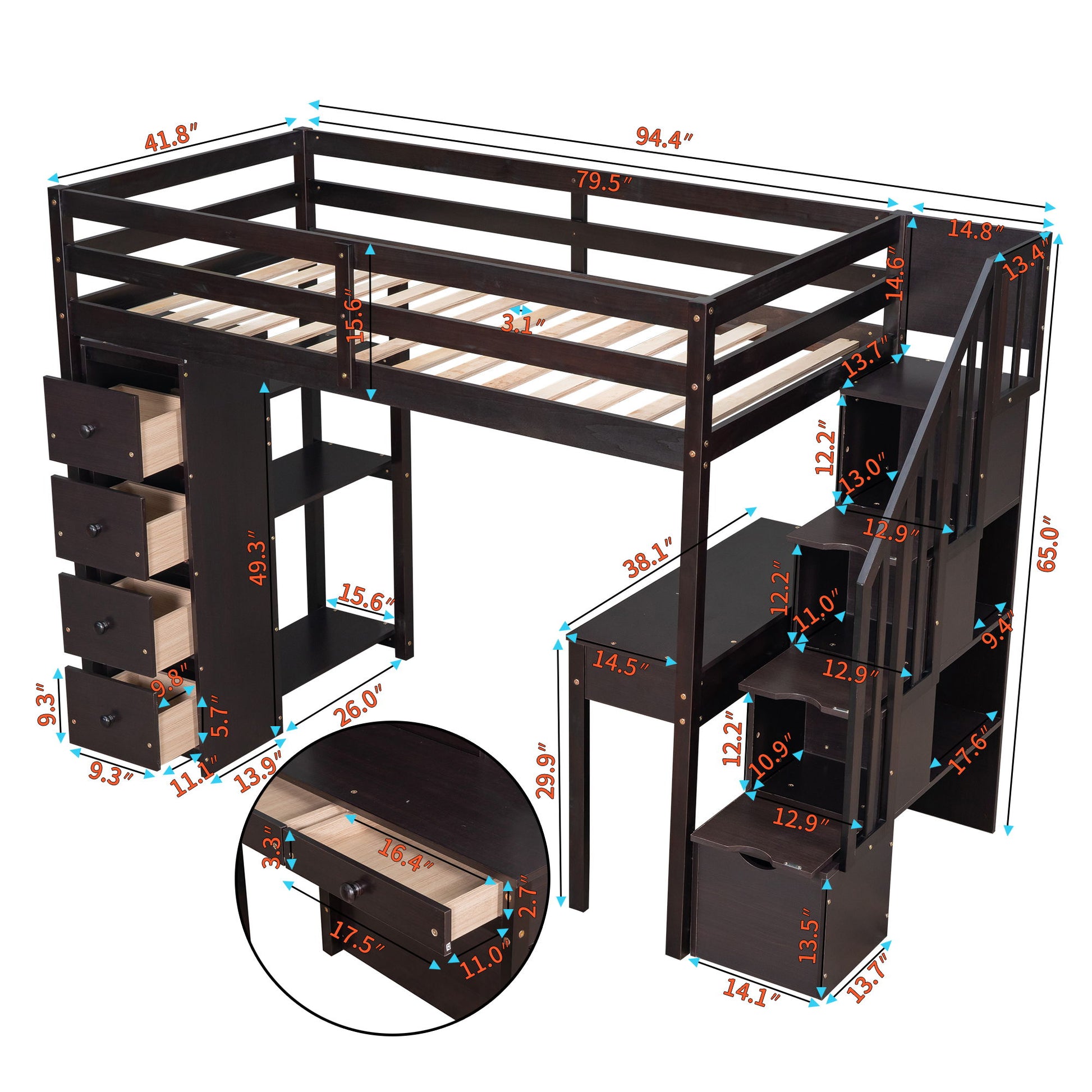 Loft Bed With Storage Drawers, Desk And Stairs With Shelves - The Sleep Loft - Online Mattress Showroom NYC