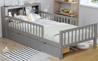 Bed With Headboard Storage Rack, 2 Under Bed Drawers, 3 Side Guardrails For Safety - The Sleep Loft - Online Mattress Showroom NYC