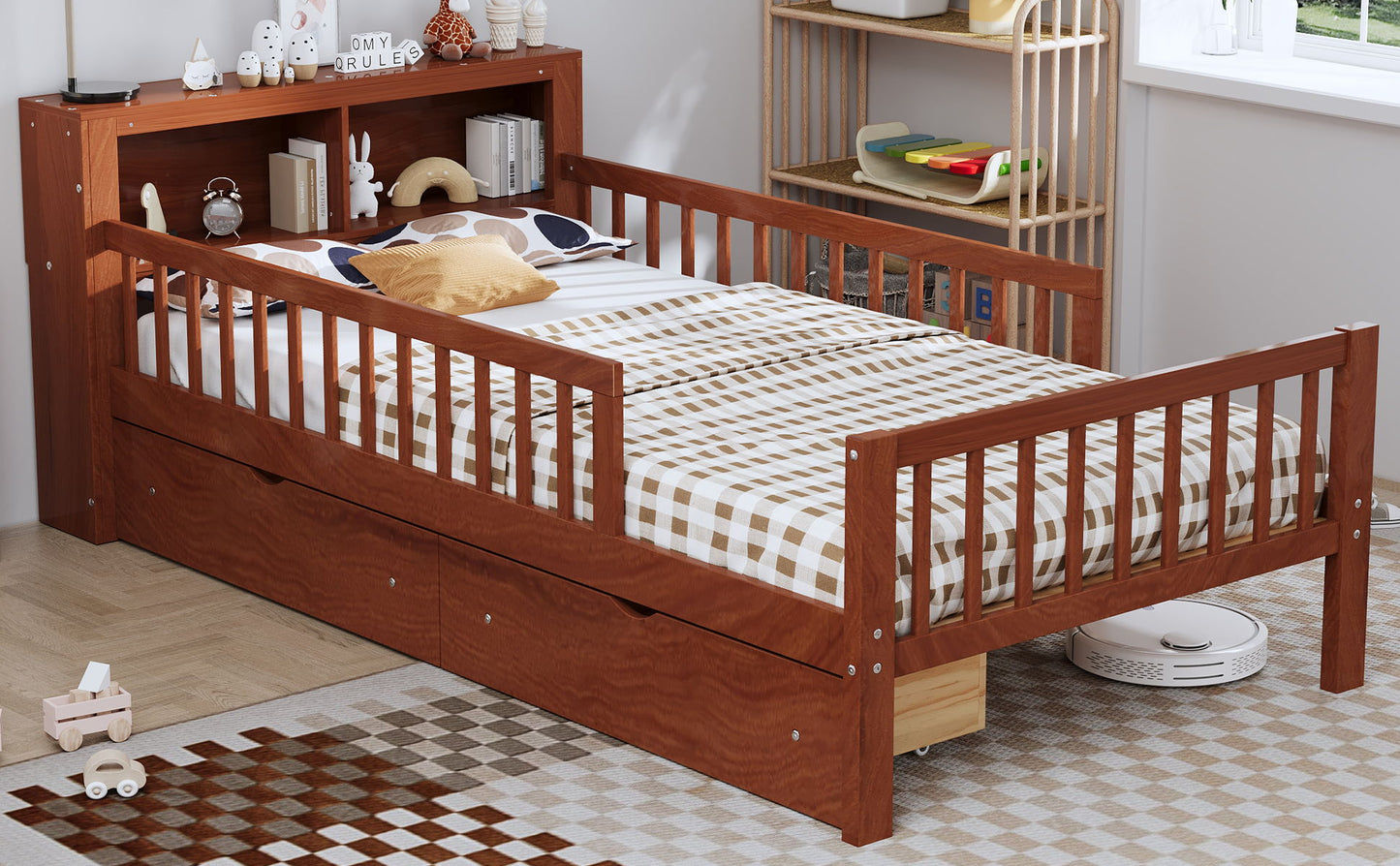Bed With Headboard Storage Rack, 2 Under Bed Drawers, 3 Side Guardrails For Safety - The Sleep Loft - Online Mattress Showroom NYC