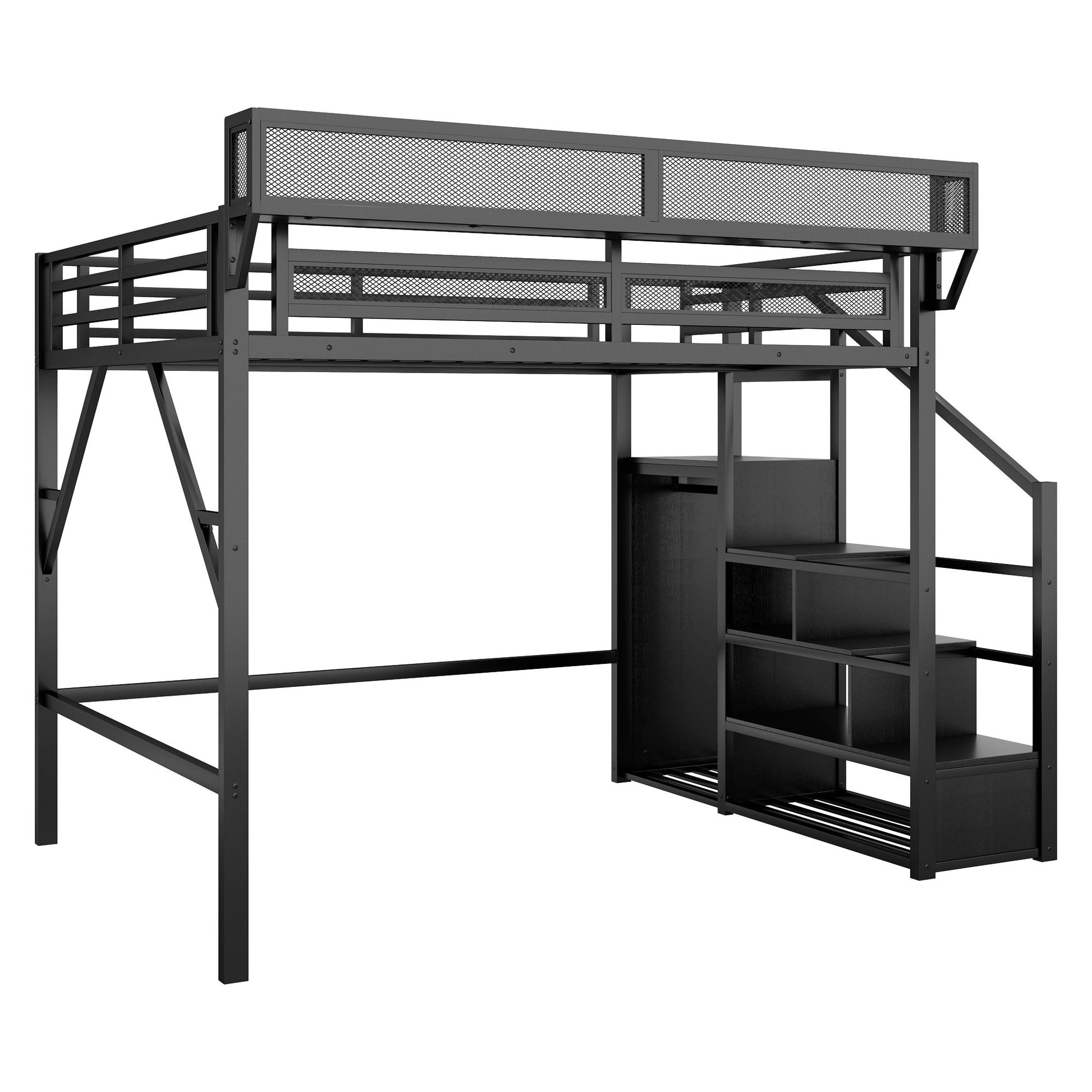 Queen Size Loft Bed With Stairs, Storage Shelves, Wardrobe - Black - The Sleep Loft - Online Mattress Showroom NYC