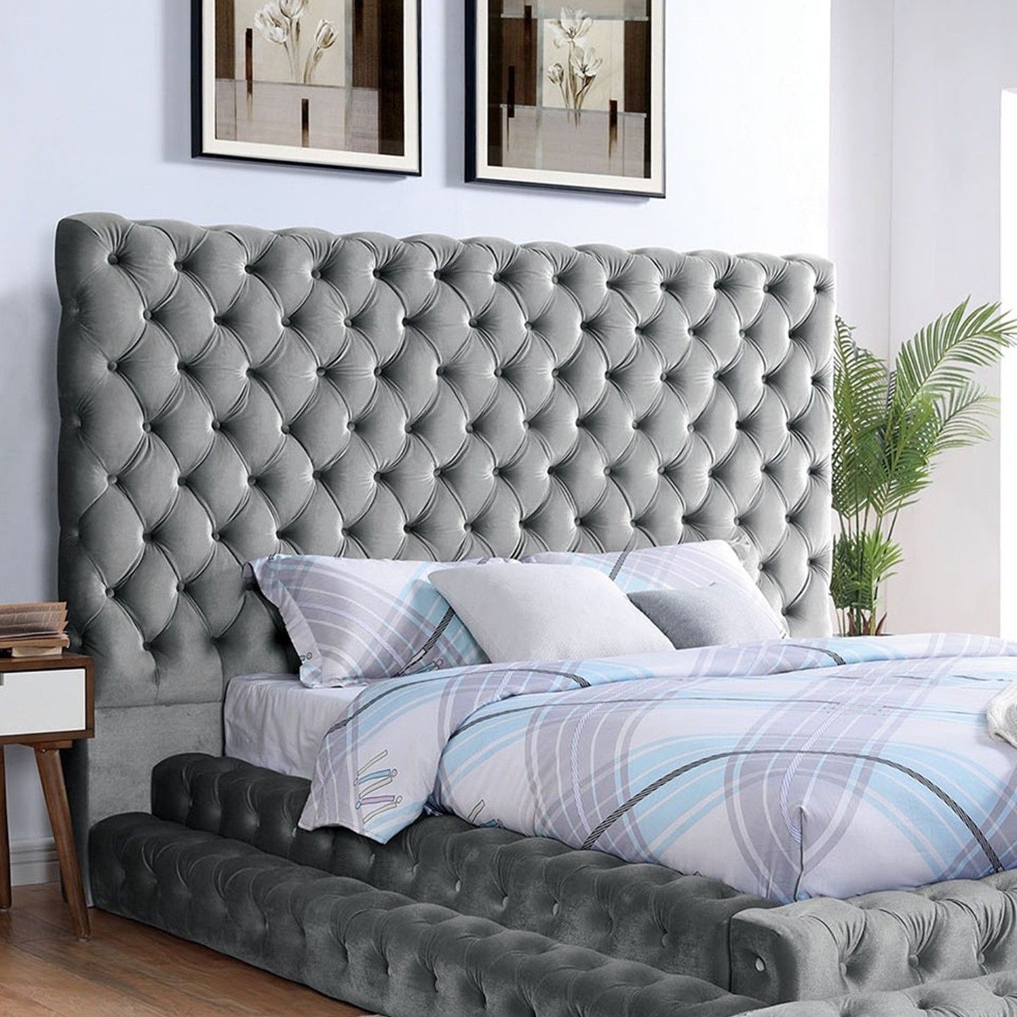 Tufted Oversized Headboard Platform Bed With Fully Upholstered Frame