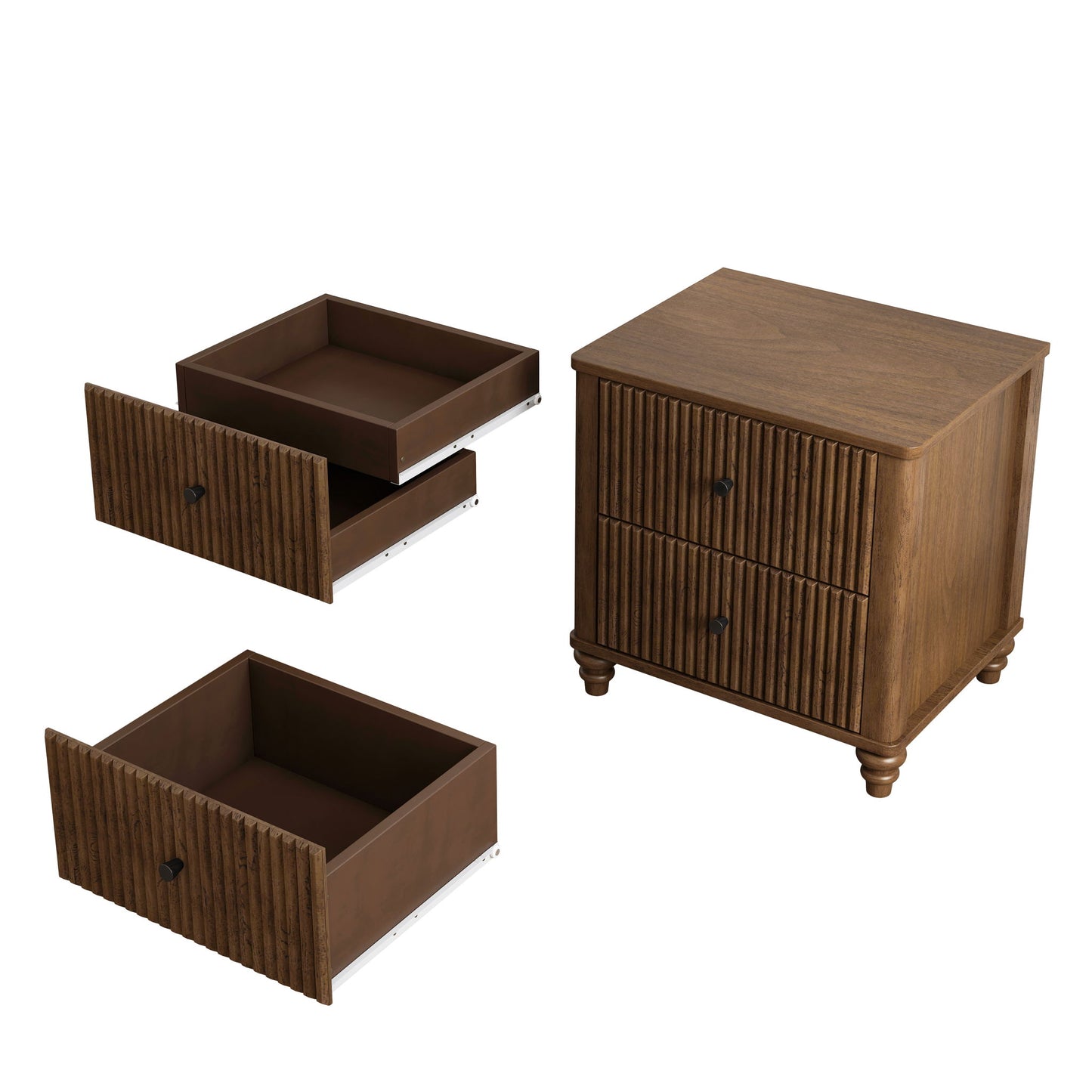 Mid Century Modern Fluted Nightstand 2 Piece Set With 3 Drawers - Walnut - The Sleep Loft - Online Mattress Showroom NYC