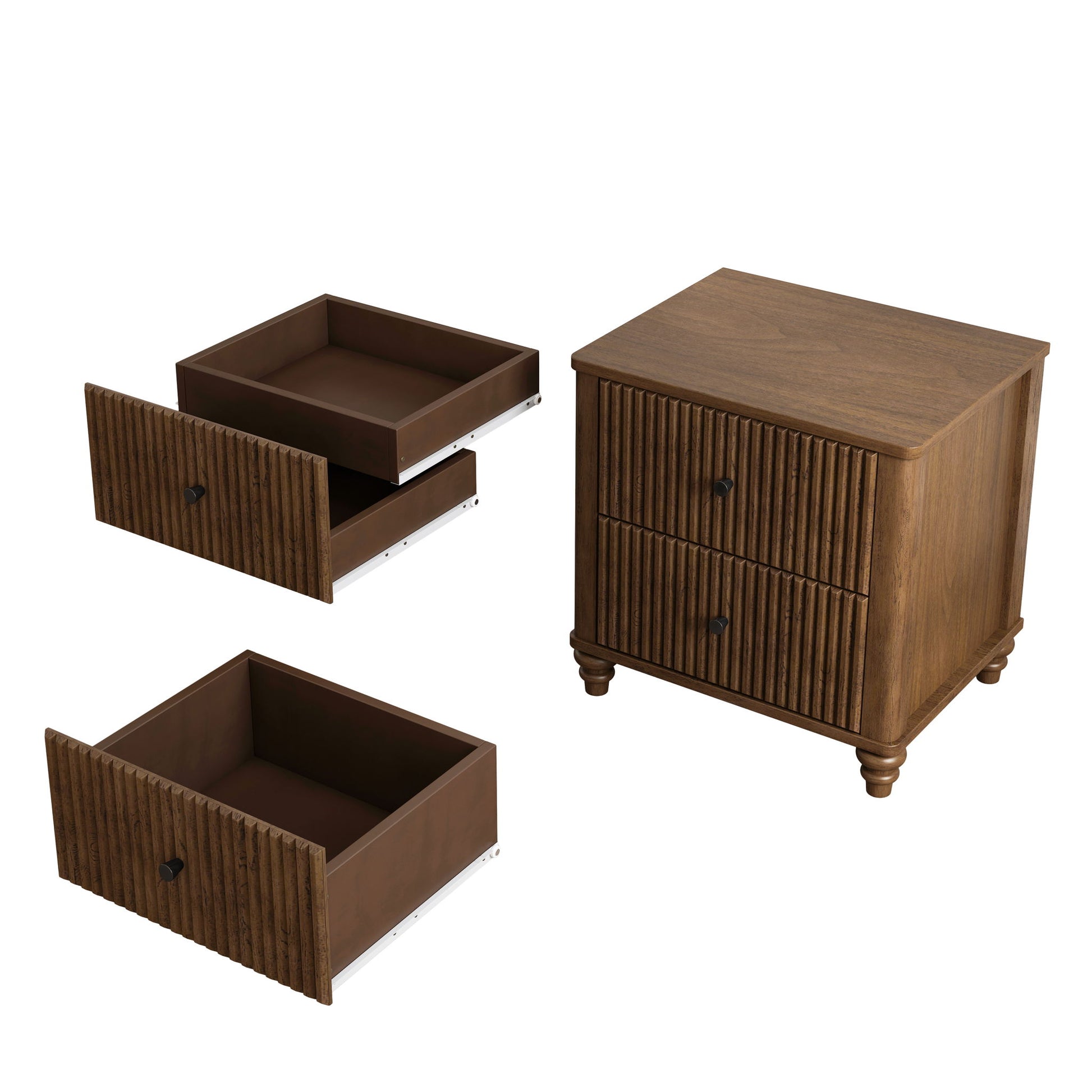 Mid Century Modern Fluted Nightstand 2 Piece Set With 3 Drawers - Walnut - The Sleep Loft - Online Mattress Showroom NYC