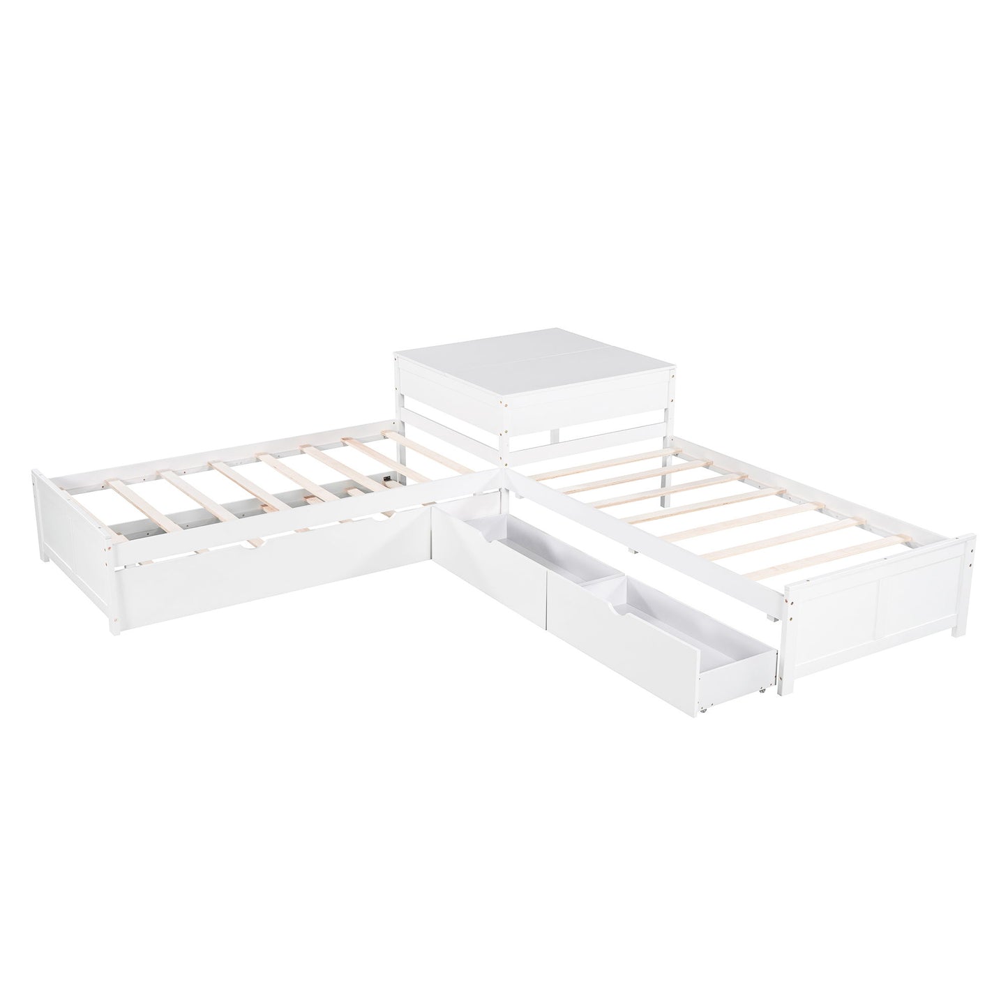L Shaped Platform Bed With Trundle And Drawers Linked With Built In Desk - The Sleep Loft - Online Mattress Showroom NYC