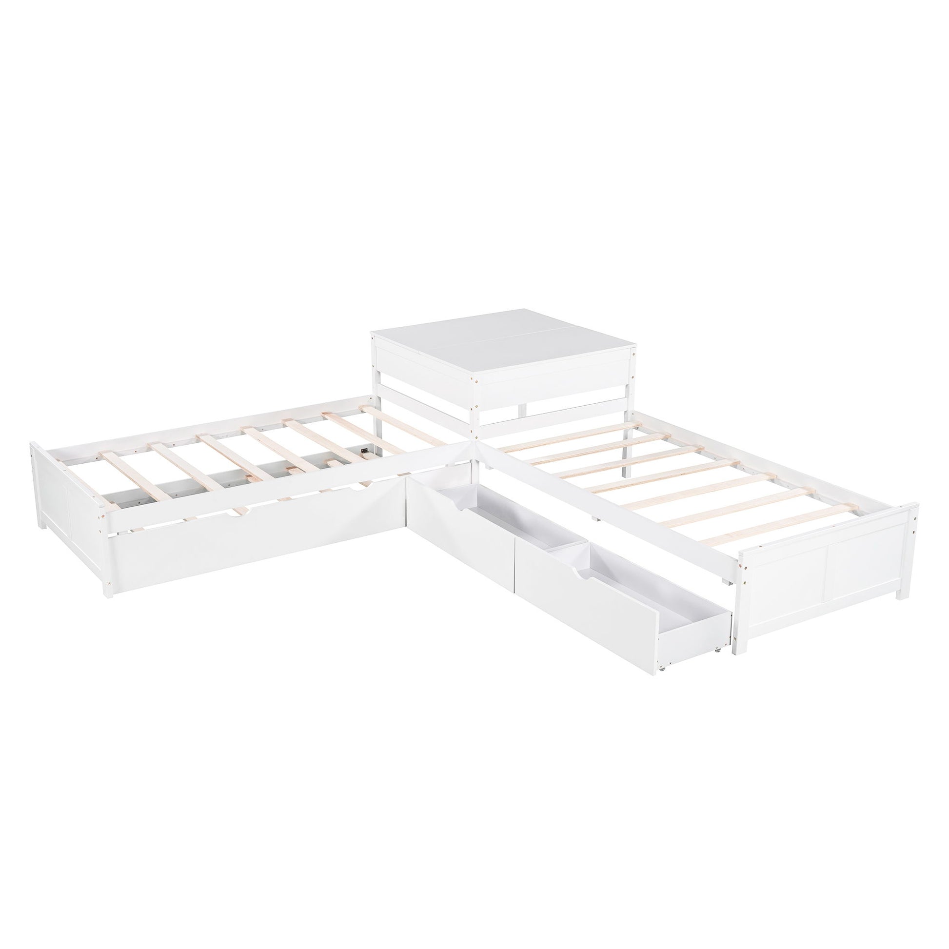 L Shaped Platform Bed With Trundle And Drawers Linked With Built In Desk - The Sleep Loft - Online Mattress Showroom NYC