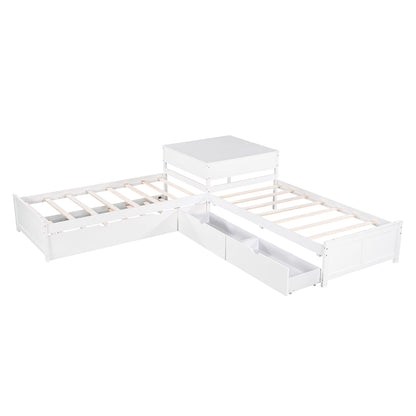 L Shaped Platform Bed With Trundle And Drawers Linked With Built In Desk - The Sleep Loft - Online Mattress Showroom NYC