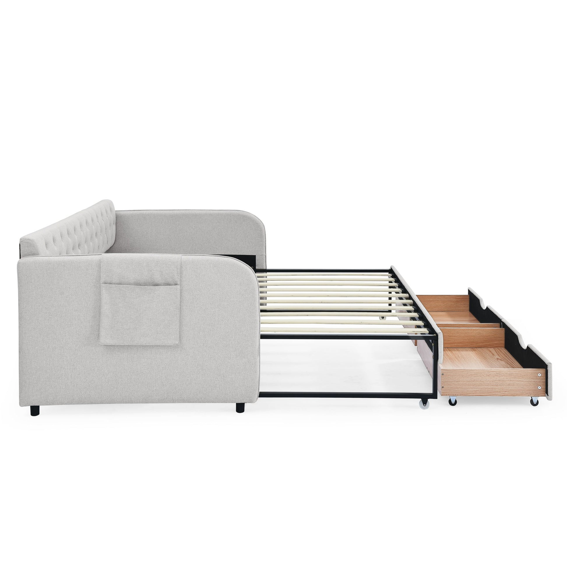 Daybed With Trundle And Storage Drawers, Flat Arms With Pocket - The Sleep Loft - Online Mattress Showroom NYC
