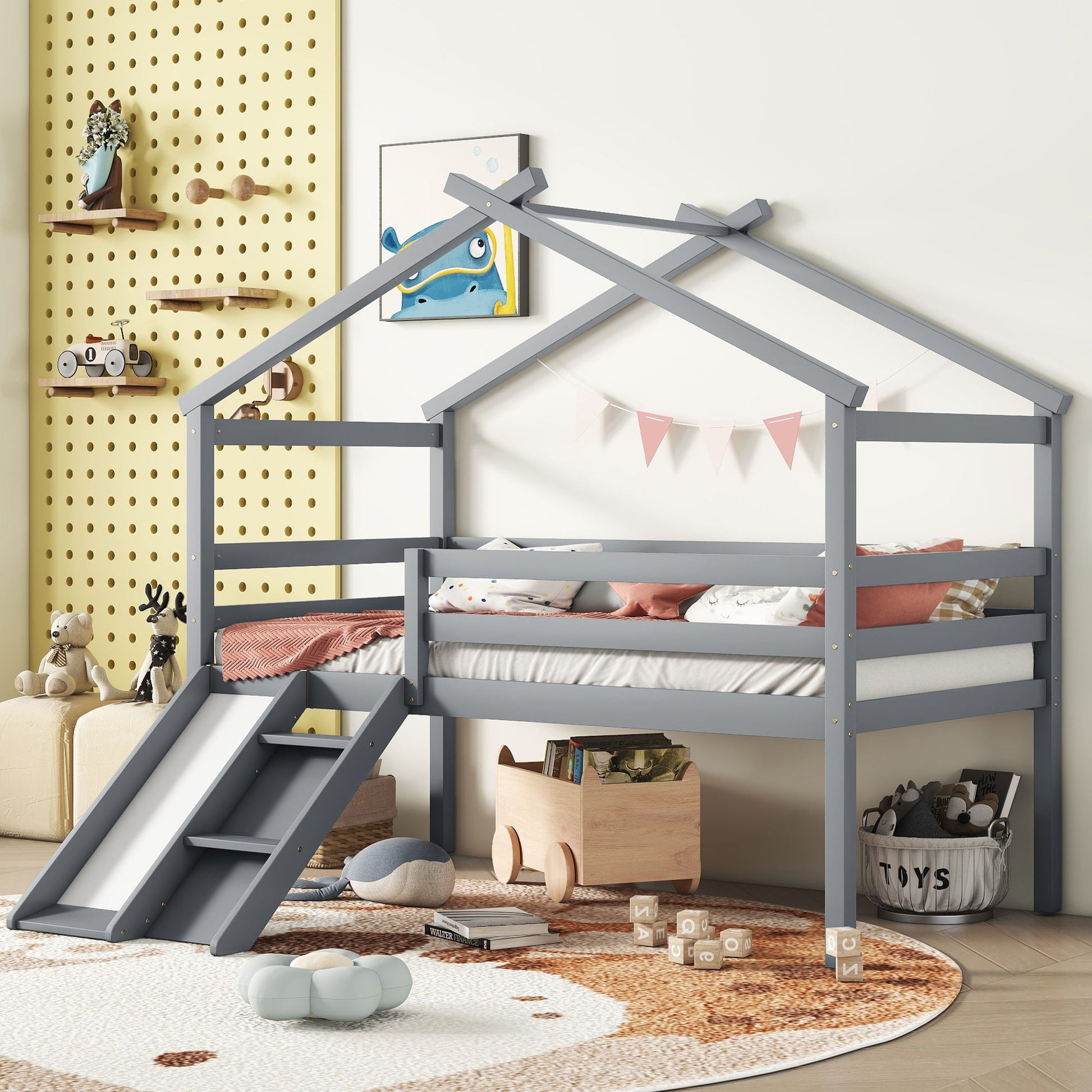 Low Loft House Bed With Slide, Ladder, Safety Guardrails, House Roof Frame - The Sleep Loft - Online Mattress Showroom NYC