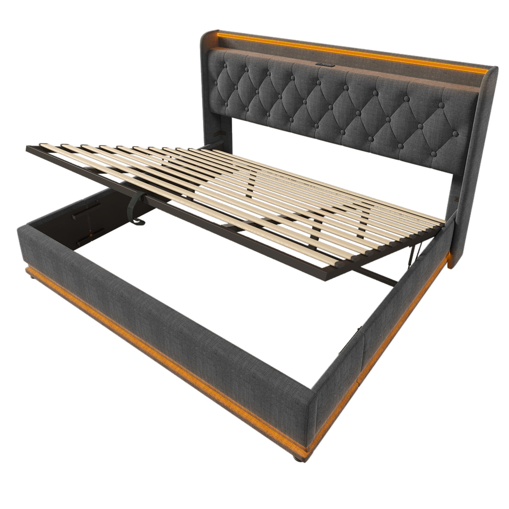 Upholstered Bed, 360 Surround LED Function, Remote Control, Hydraulic Storage Bed With USB, Type-C Charging (Without Mattress) - The Sleep Loft - Online Mattress Showroom NYC