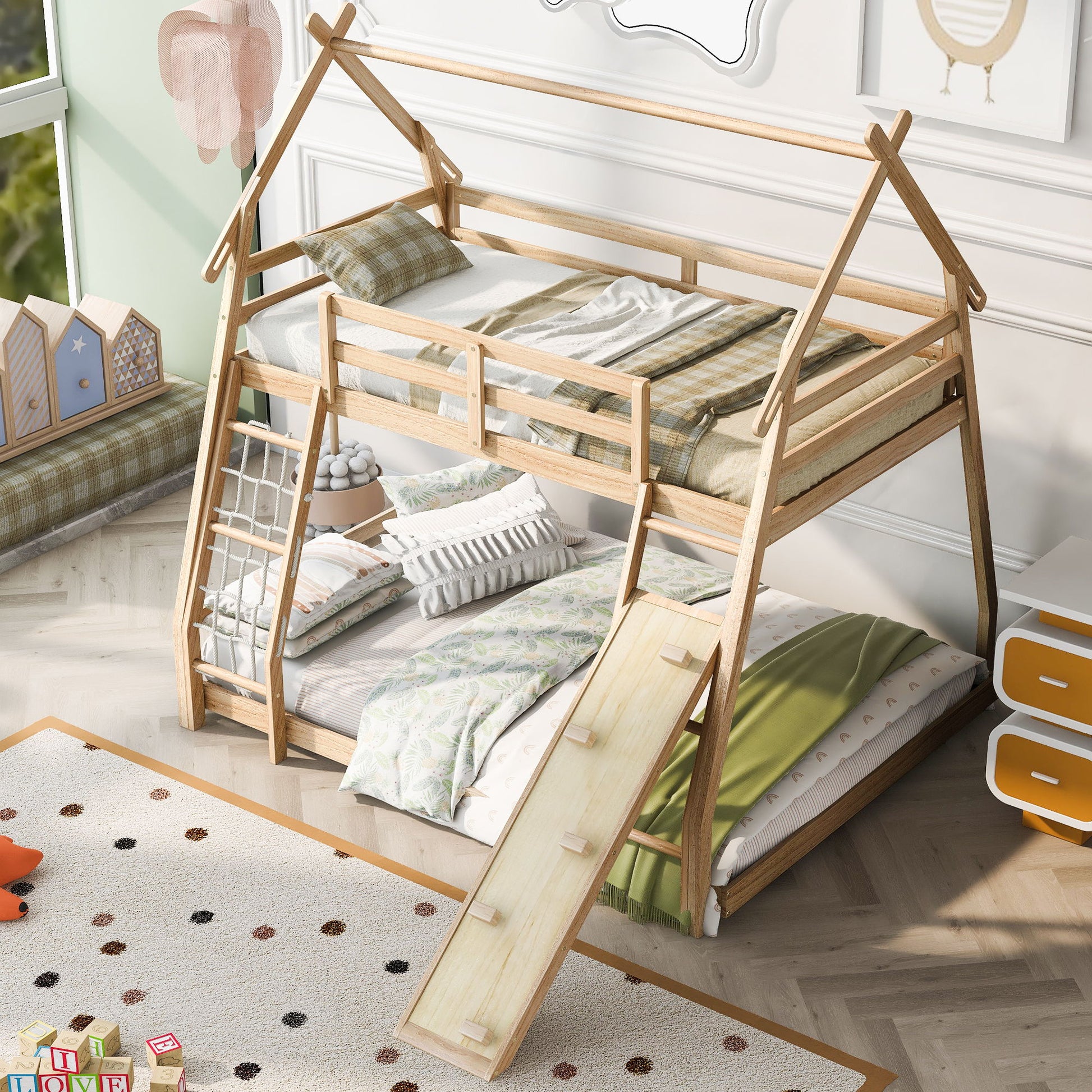 Twin Over Queen House Bunk Bed With Climbing Nets And Climbing Ramp - The Sleep Loft - Online Mattress Showroom NYC