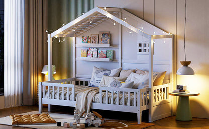 House Bed With Shelves, Window And Sparkling Light Strip On The Roof - The Sleep Loft - Online Mattress Showroom NYC