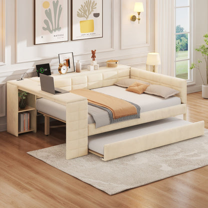Upholstered Platform Bed With Storage Shelves, Desk, Charging Station And Trundle - The Sleep Loft - Online Mattress Showroom NYC
