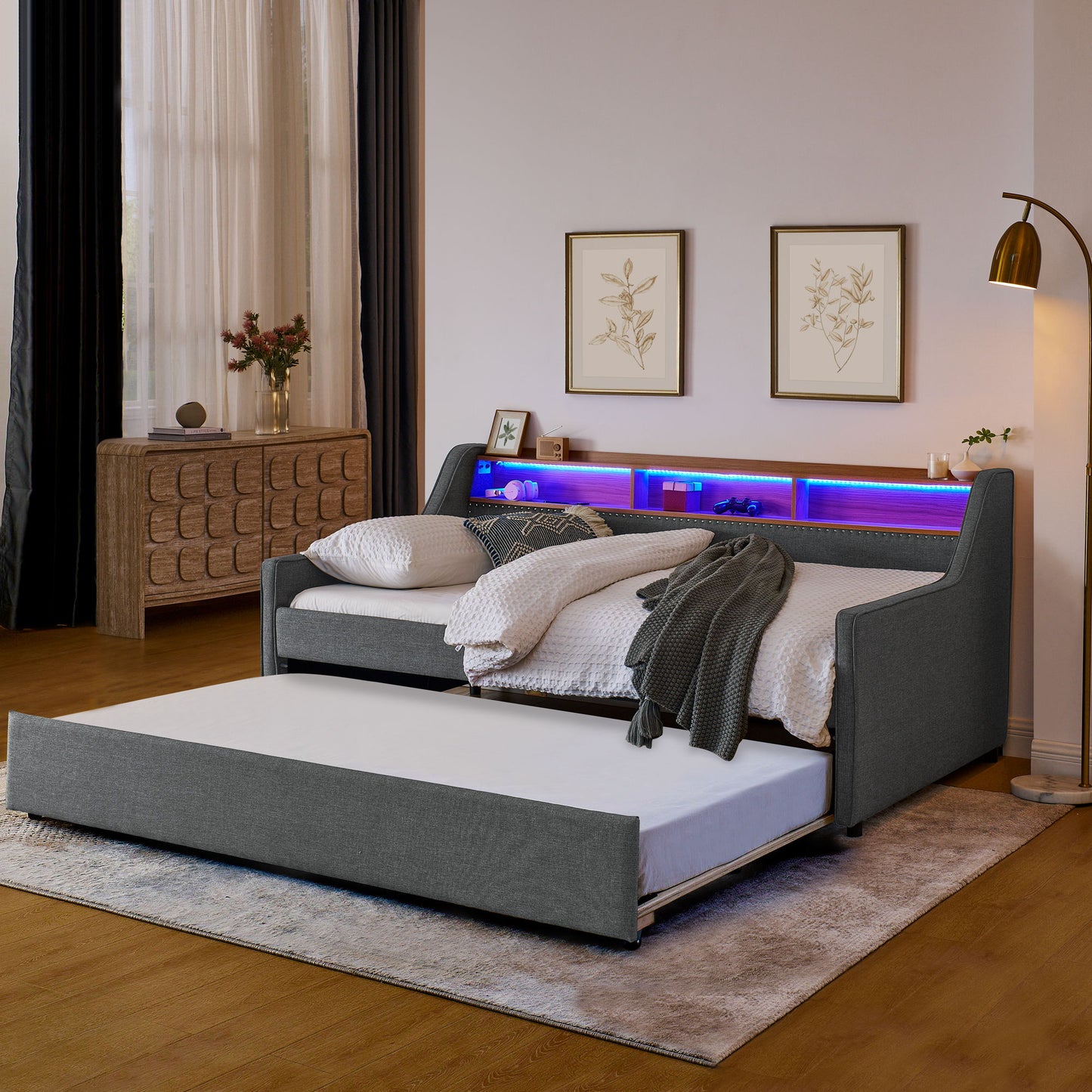Upholstered Sofa Bed With LED Lights, Storage Headboard, Foldable Trundle & Wireless Charging - The Sleep Loft - Online Mattress Showroom NYC