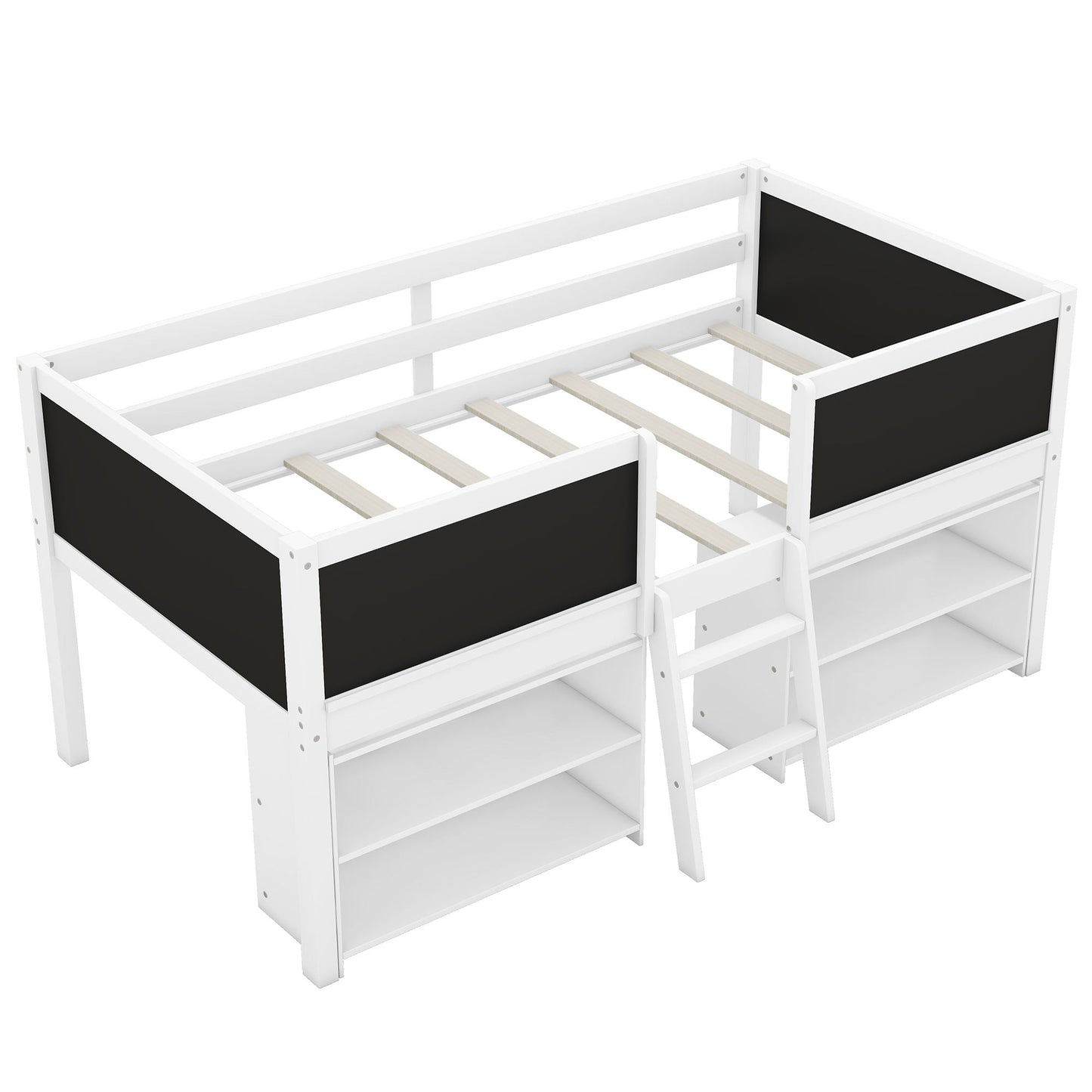 Low Loft Bed With Movable Shelves And Ladder, Decorative Chalkboard Guardrail - The Sleep Loft - Online Mattress Showroom NYC