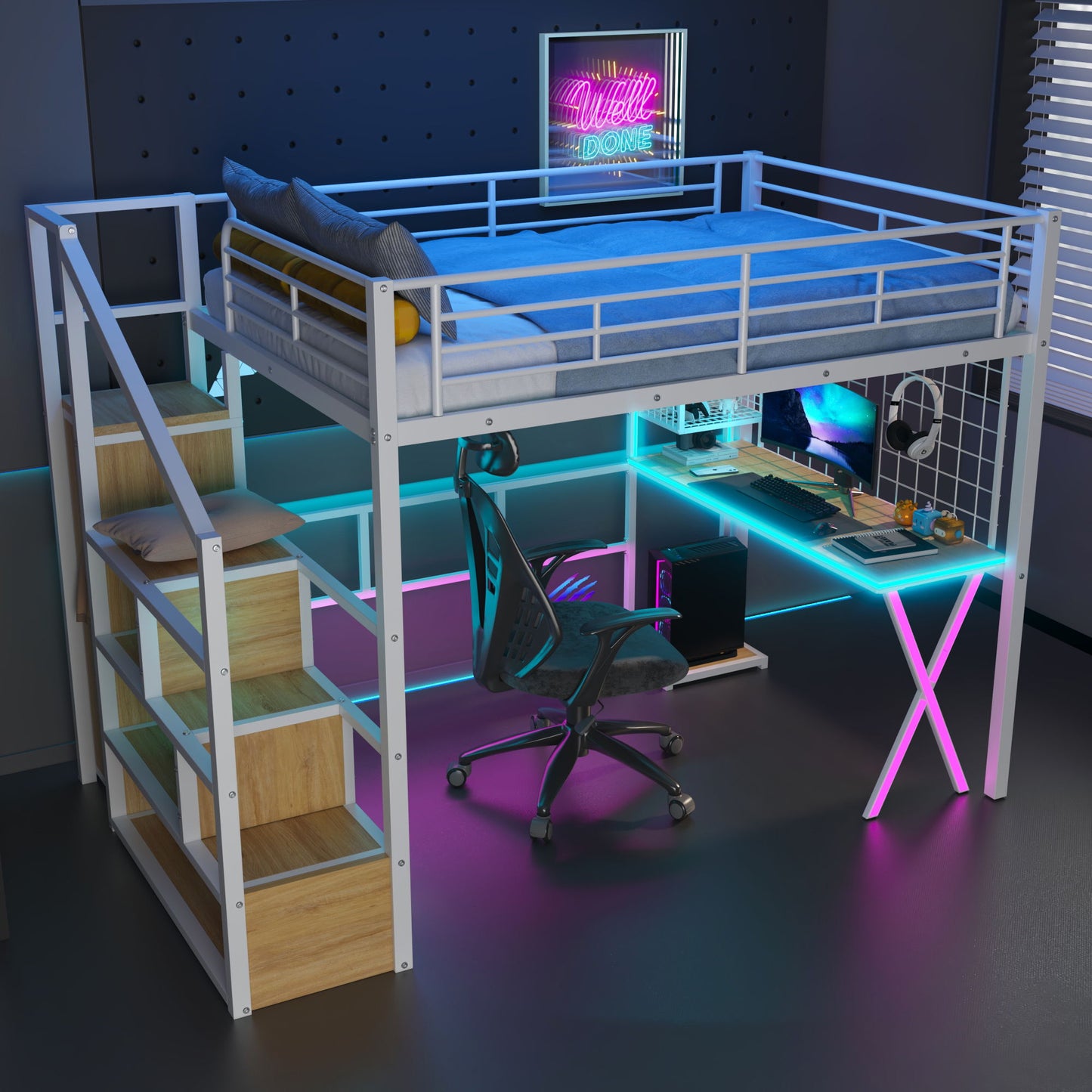 Loft Bed With Built In Work Station, Wardrobe, Storage Staircase And LED - The Sleep Loft - Online Mattress Showroom NYC