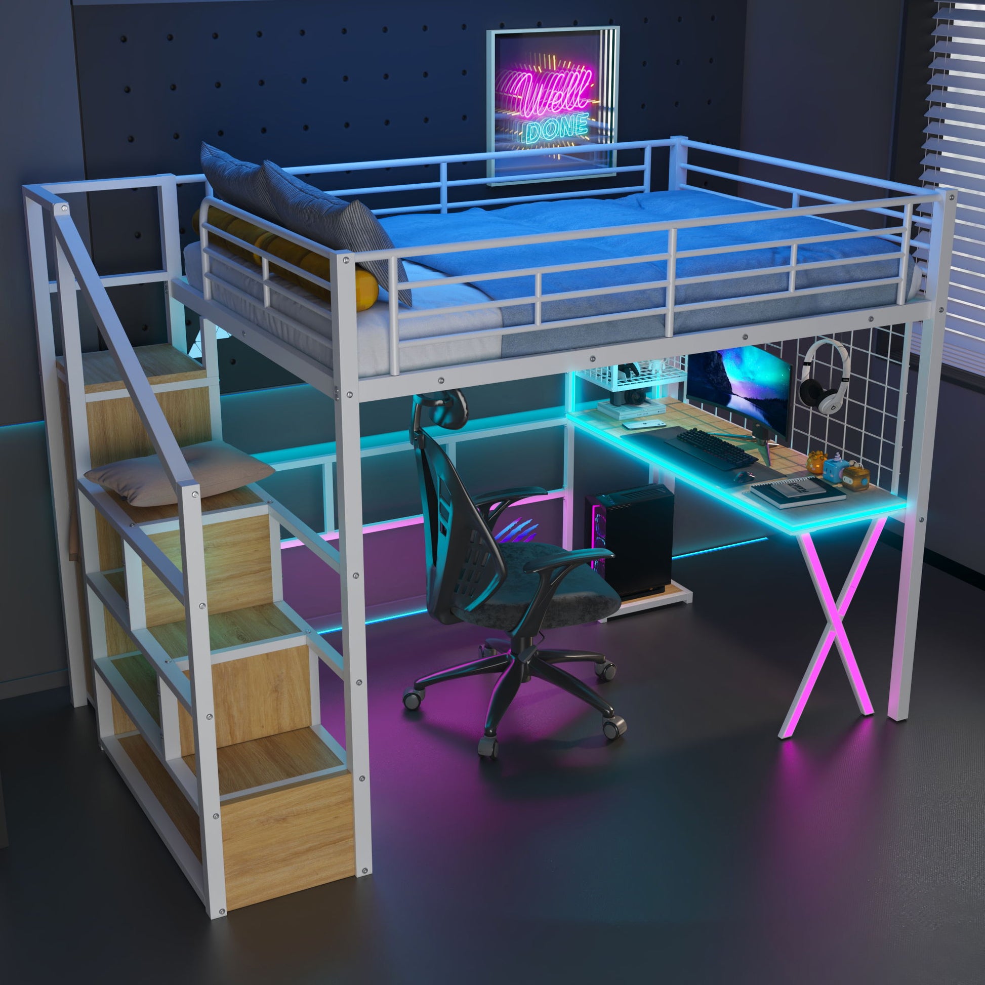 Loft Bed With Built In Work Station, Wardrobe, Storage Staircase And LED - The Sleep Loft - Online Mattress Showroom NYC