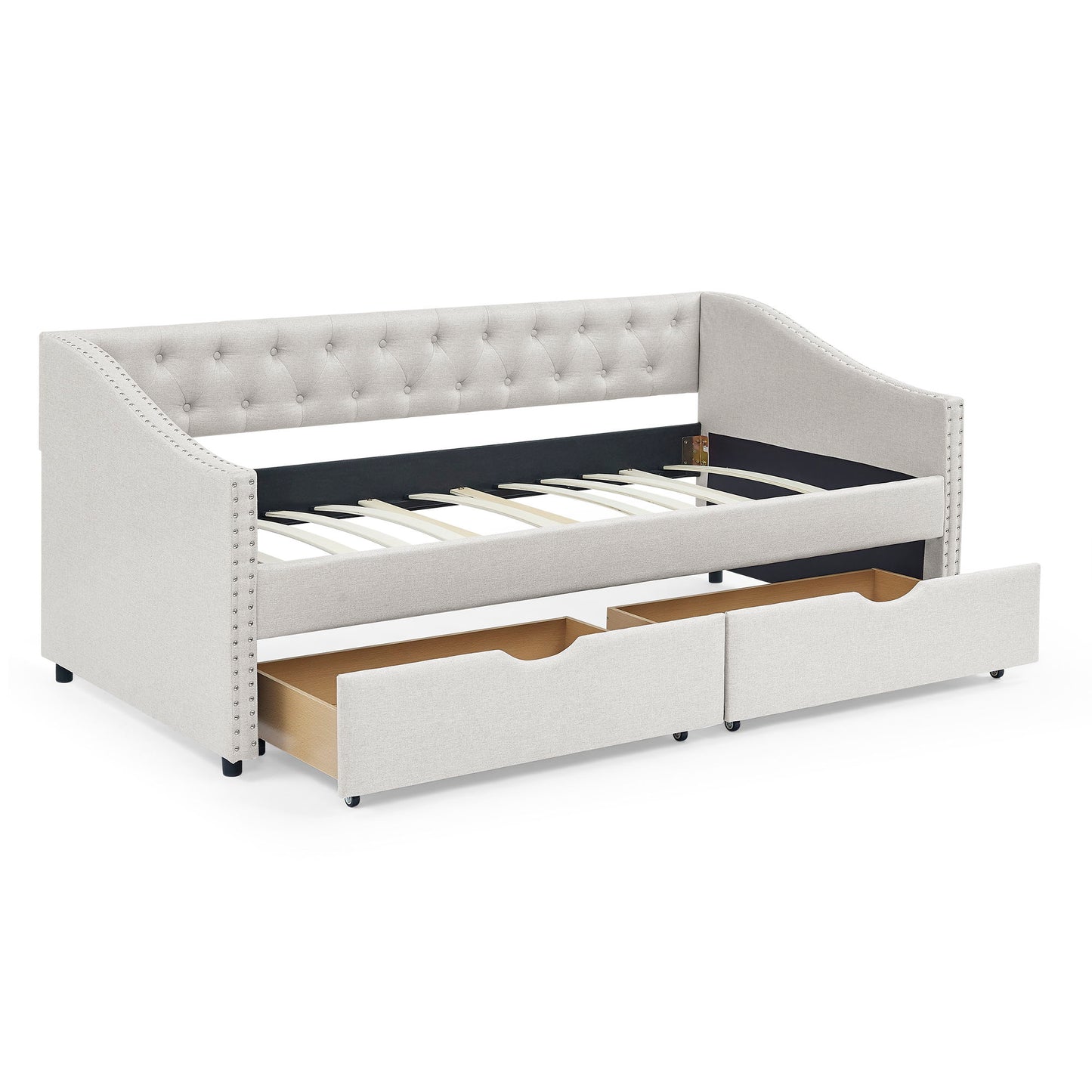 Upholstered Tufted Daybed With 2 Drawers, Waved Arms - The Sleep Loft - Online Mattress Showroom NYC