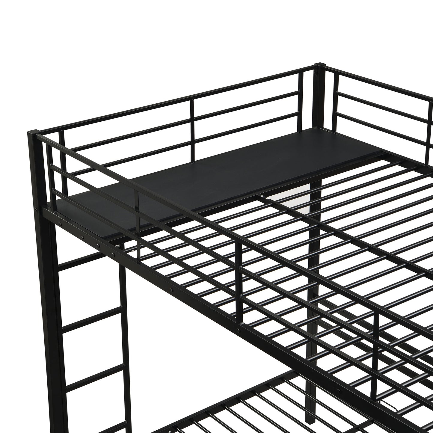 Modern Metal Triple Bunk Bed With Vertical Ladder, Safety Rail, And Storage Shelf - Black - The Sleep Loft - Online Mattress Showroom NYC