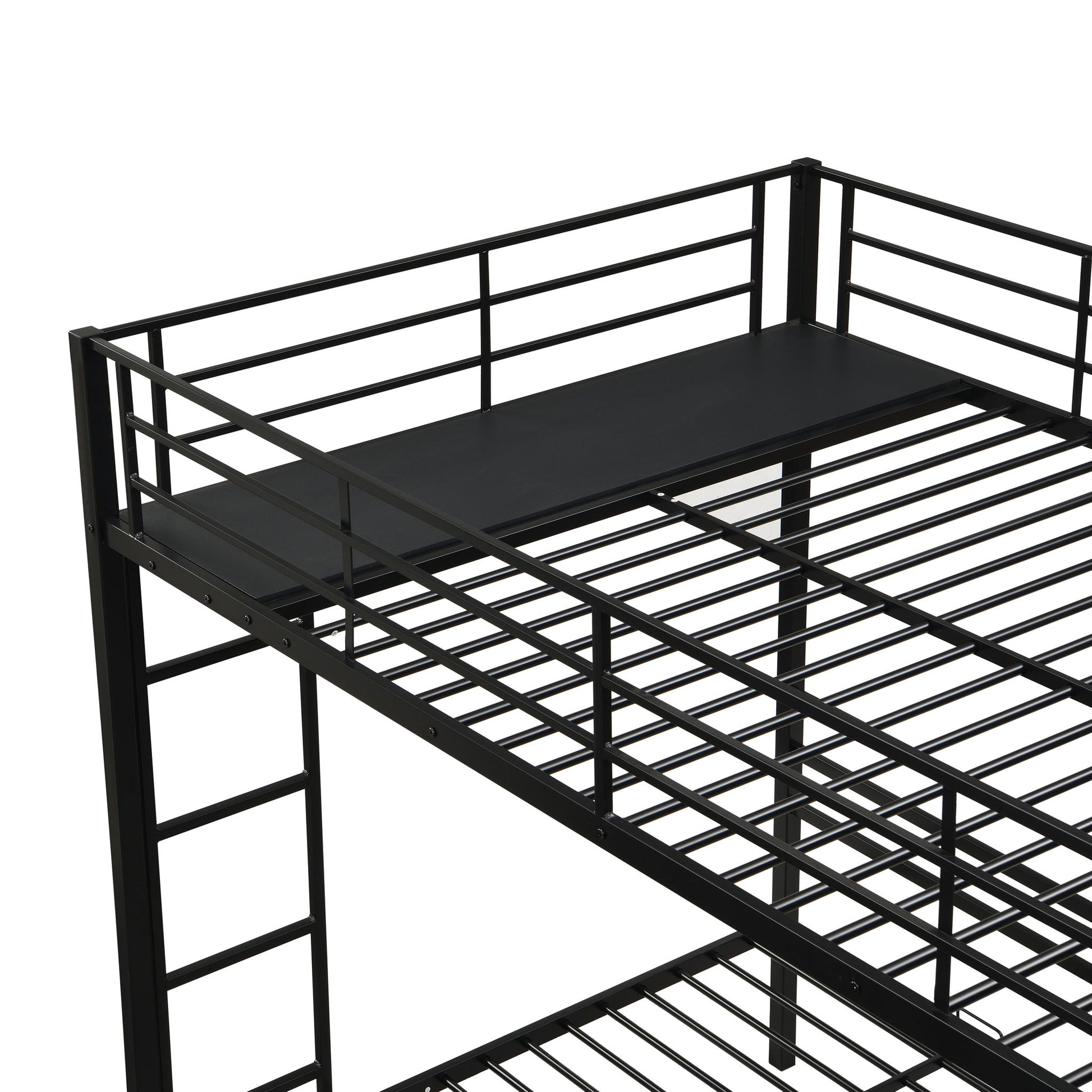 Modern Metal Triple Bunk Bed With Vertical Ladder, Safety Rail, And Storage Shelf - Black - The Sleep Loft - Online Mattress Showroom NYC