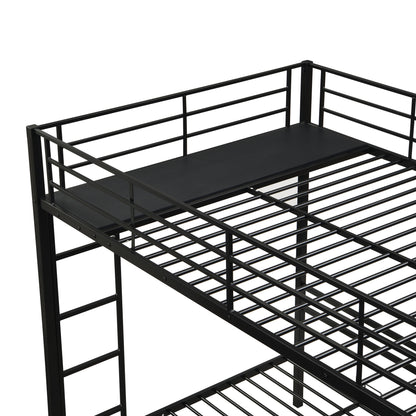 Modern Metal Triple Bunk Bed With Vertical Ladder, Safety Rail, And Storage Shelf - Black - The Sleep Loft - Online Mattress Showroom NYC