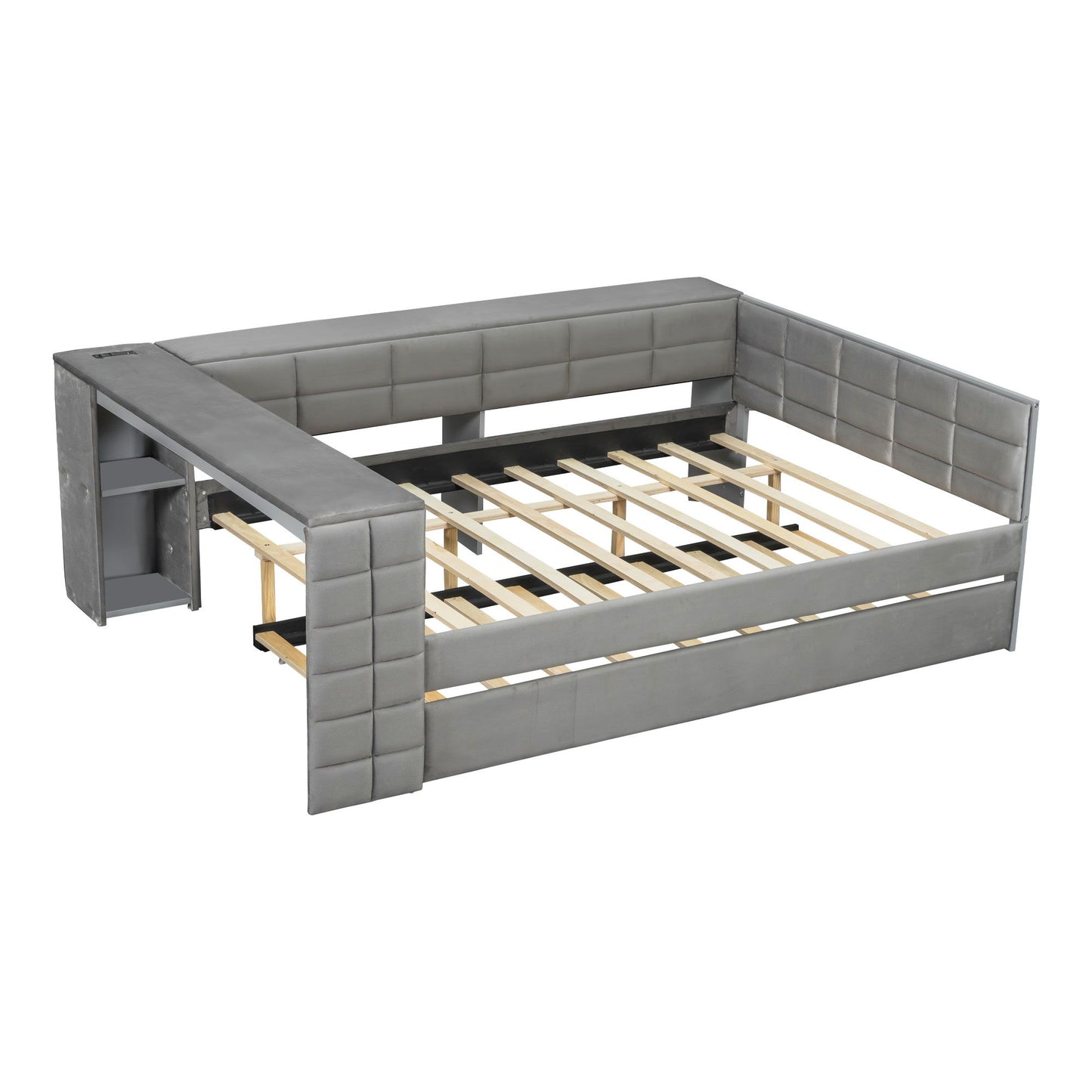 Upholstered Platform Bed With Storage Shelves, Desk, Charging Station And Trundle - The Sleep Loft - Online Mattress Showroom NYC