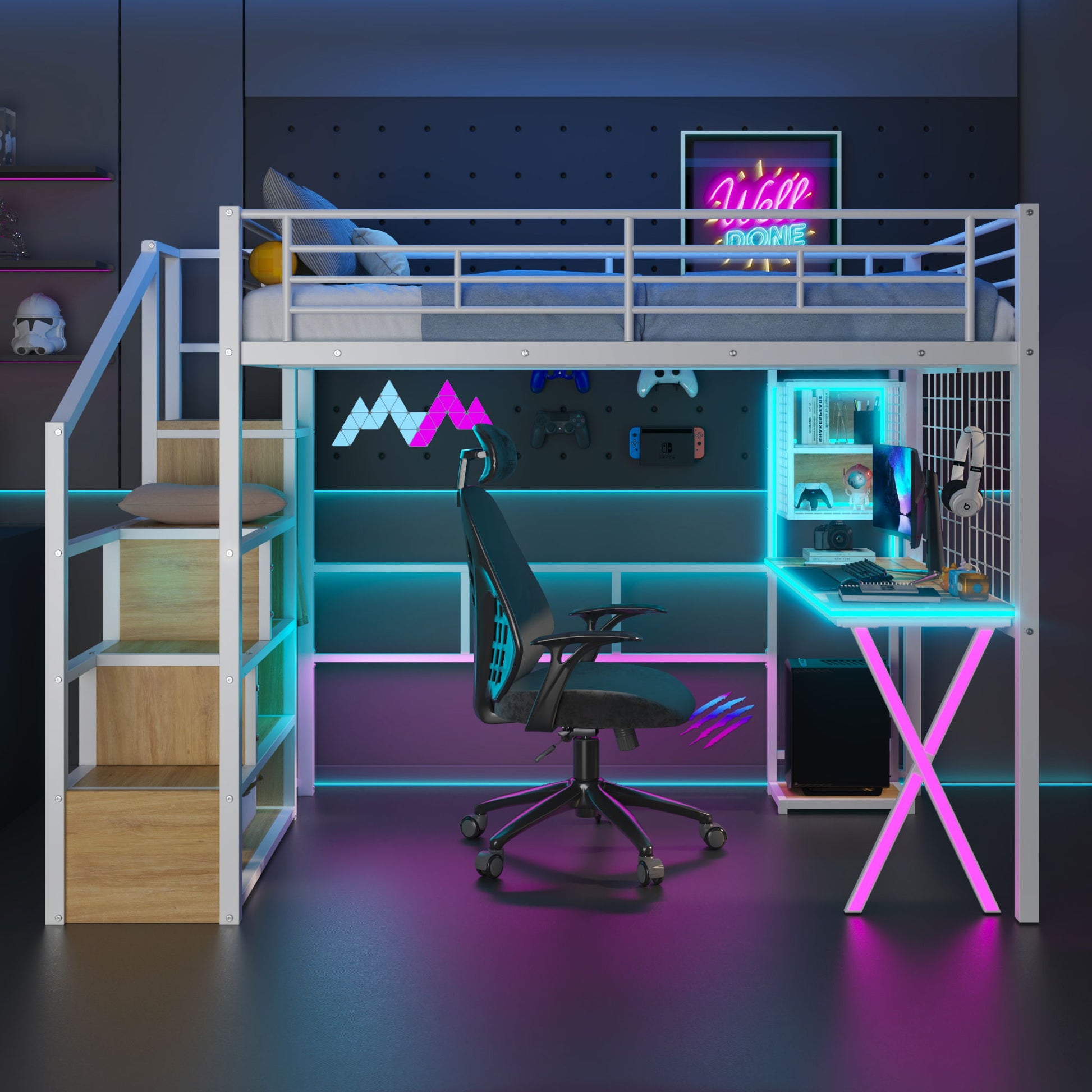 Loft Bed With Built In Work Station, Wardrobe, Storage Staircase And LED - The Sleep Loft - Online Mattress Showroom NYC