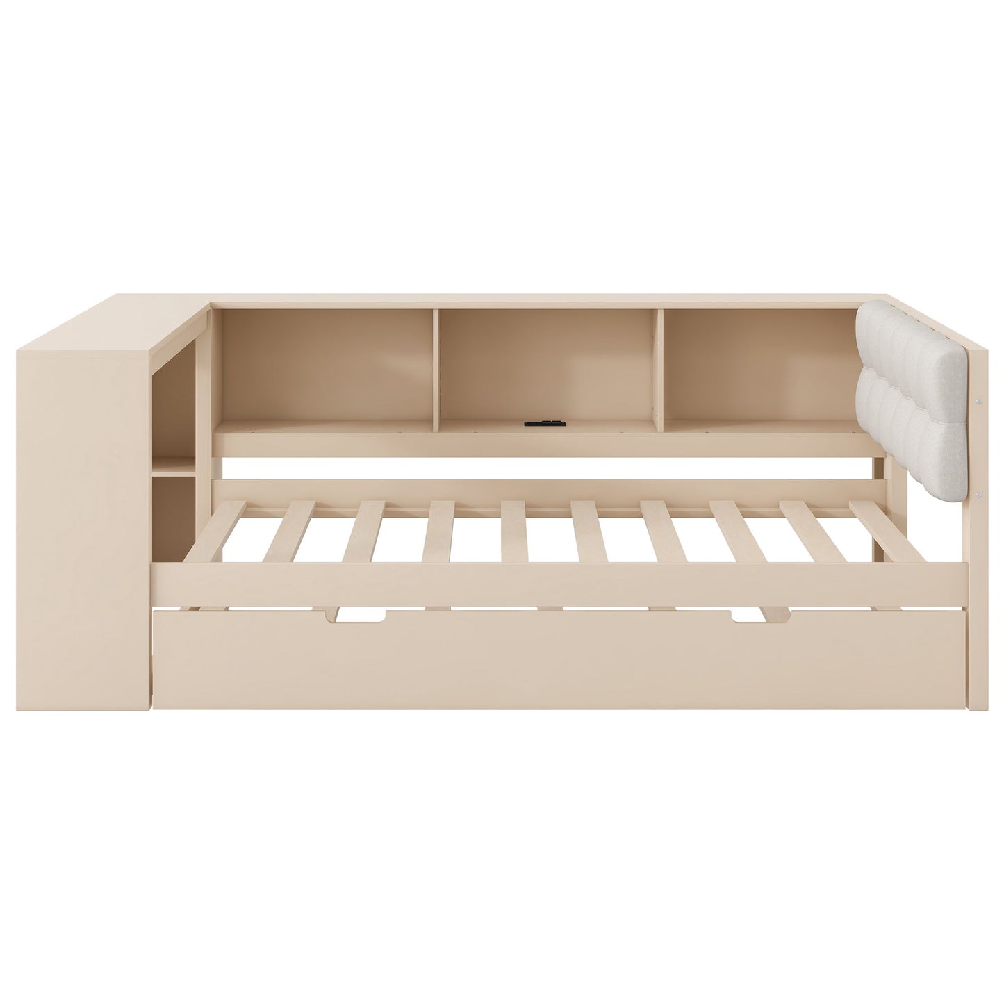 Upholstered Headboard Platform Bed With Storage Shelves, Trundle, Charging Station - The Sleep Loft - Online Mattress Showroom NYC