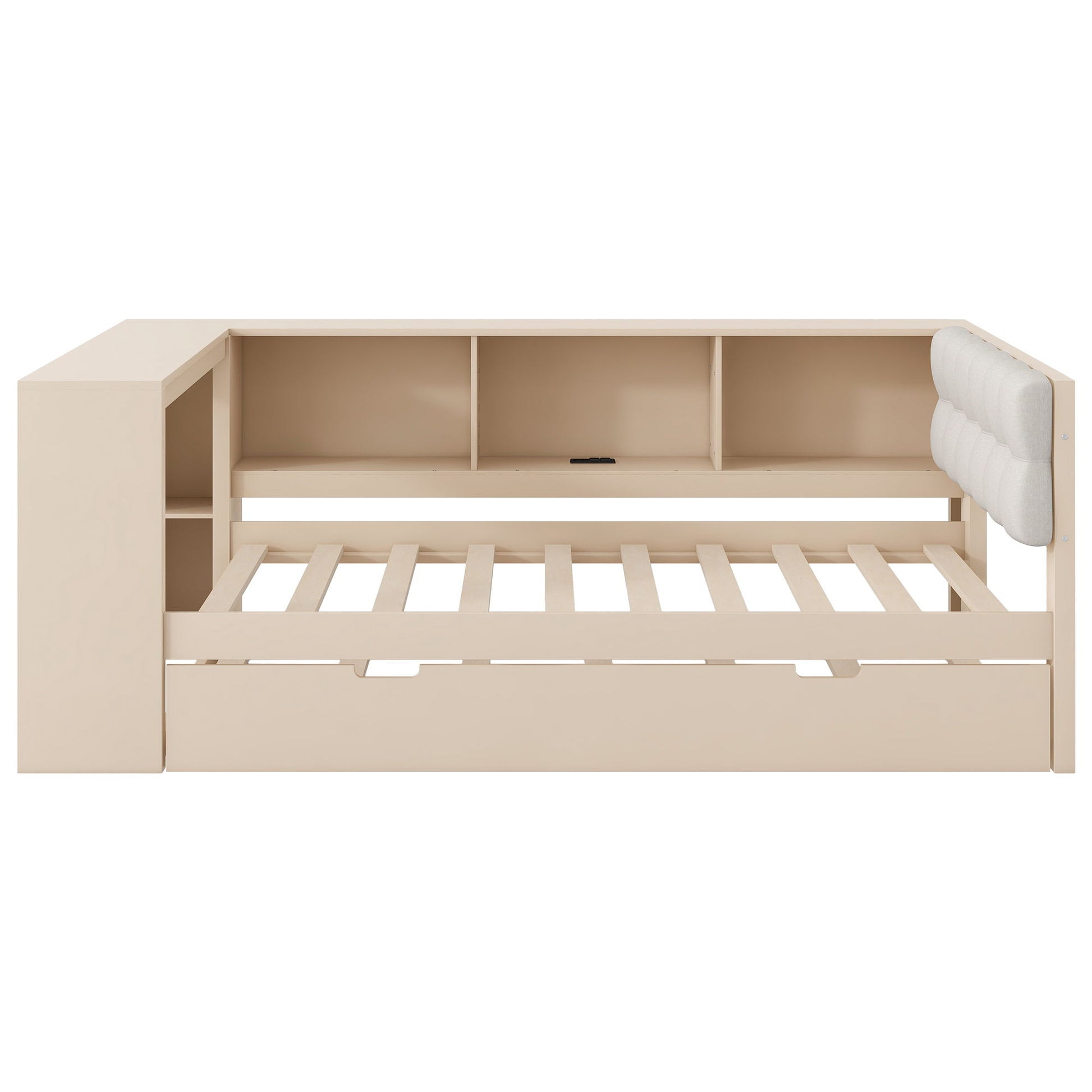 Upholstered Headboard Platform Bed With Storage Shelves, Trundle, Charging Station - The Sleep Loft - Online Mattress Showroom NYC