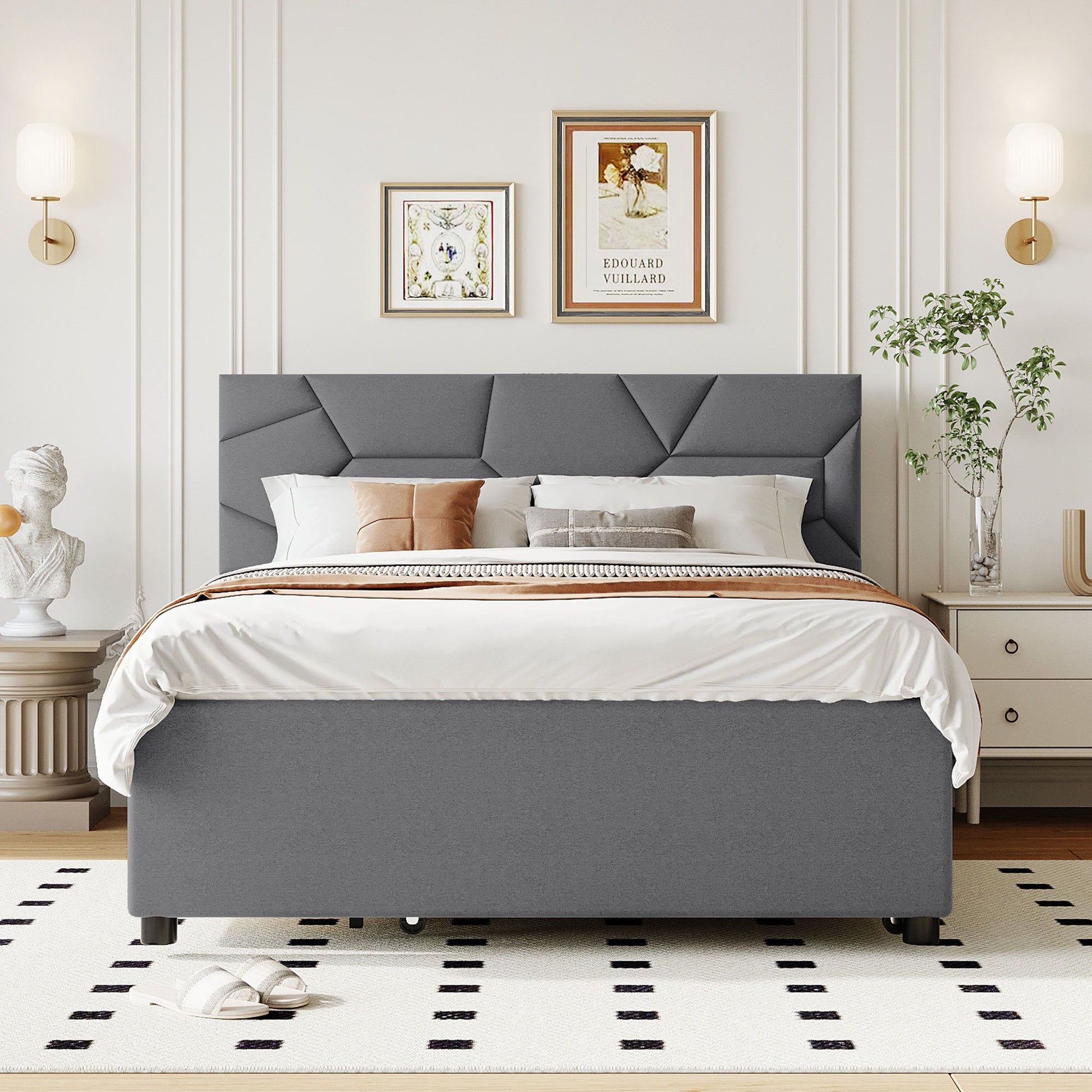 Upholstered Platform Bed With Brick Pattern Headboard And Twin Long Size Trundle - The Sleep Loft - Online Mattress Showroom NYC